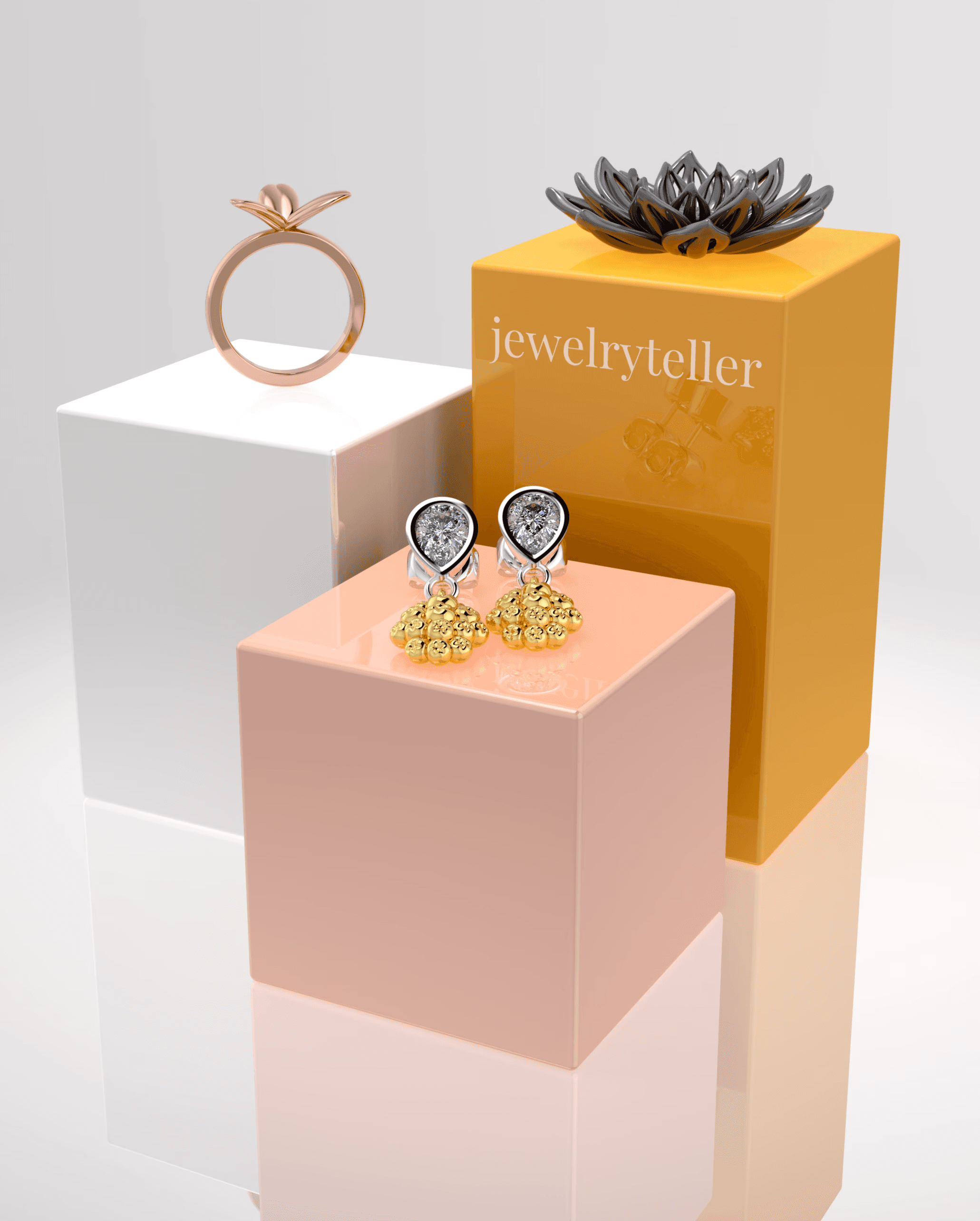 Earrings, design ring and dark flower in silver.