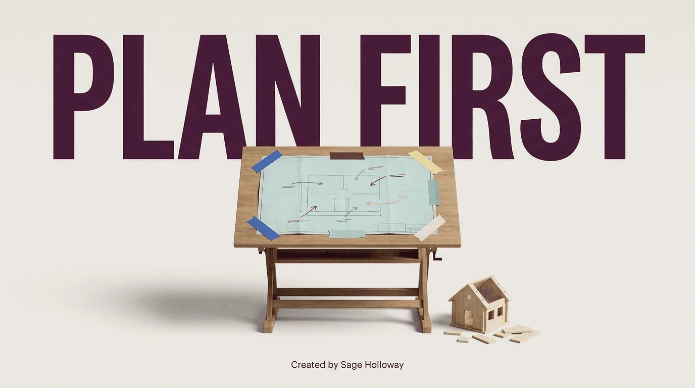 Claude Code Plan Mode editorial illustration: plan first before building
