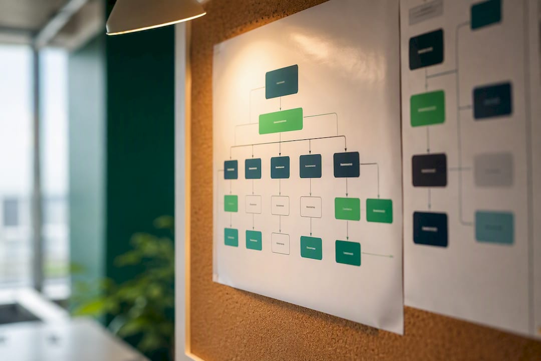 Organizational chart pinned on office corkboard