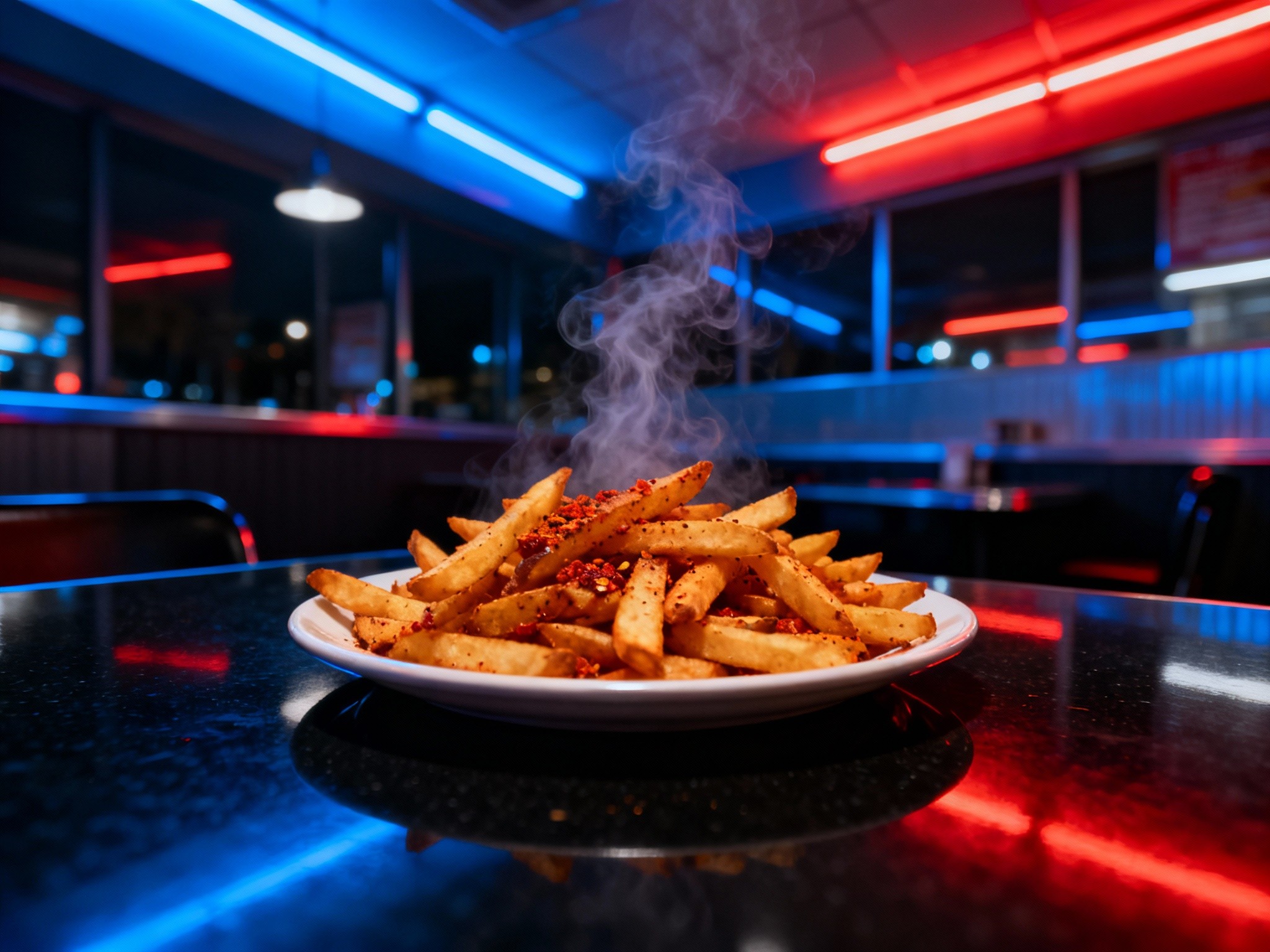 An editorial-style wide-angle photograph taken in a modern urban diner interior at nighttime