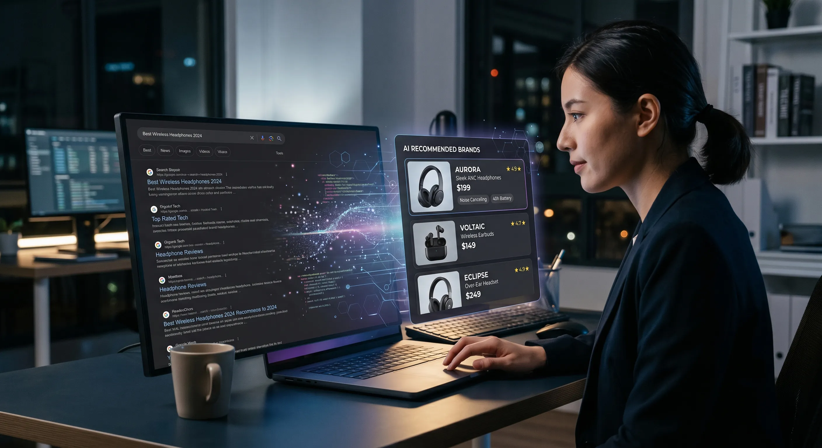 Marketing professional reviewing AI-recommended brands in search results