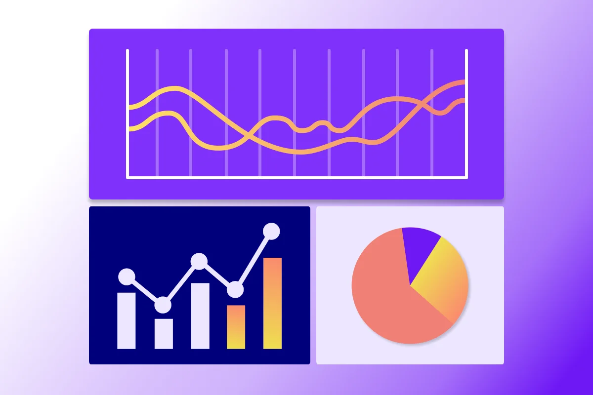 Three graphs on a purple background: a line graph, bar graph, and pie chart showcasing data trends.