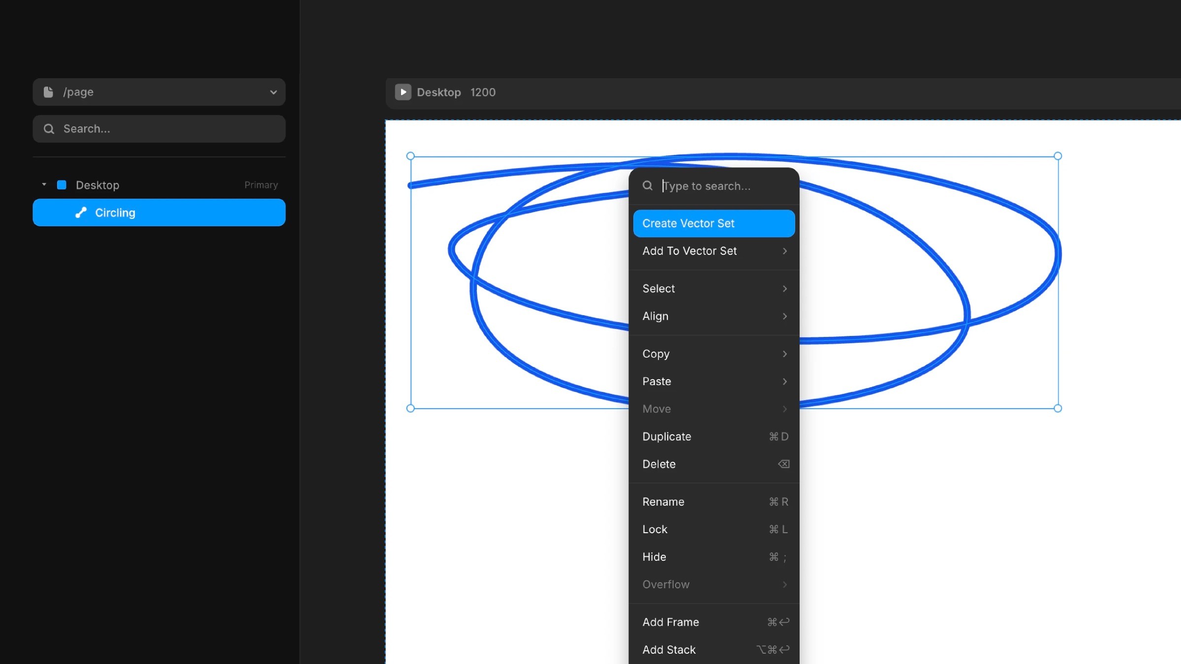 Design tool showing blue vector scribble with context menu