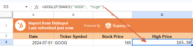 =GOOGLEFINANCE("GOOG", "high")
