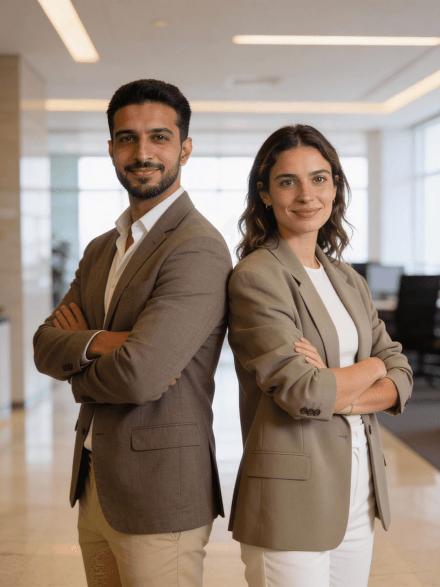 Two professionals in a modern office, standing back-to-back with confident smiles, dressed in light brown blazers and white attire.