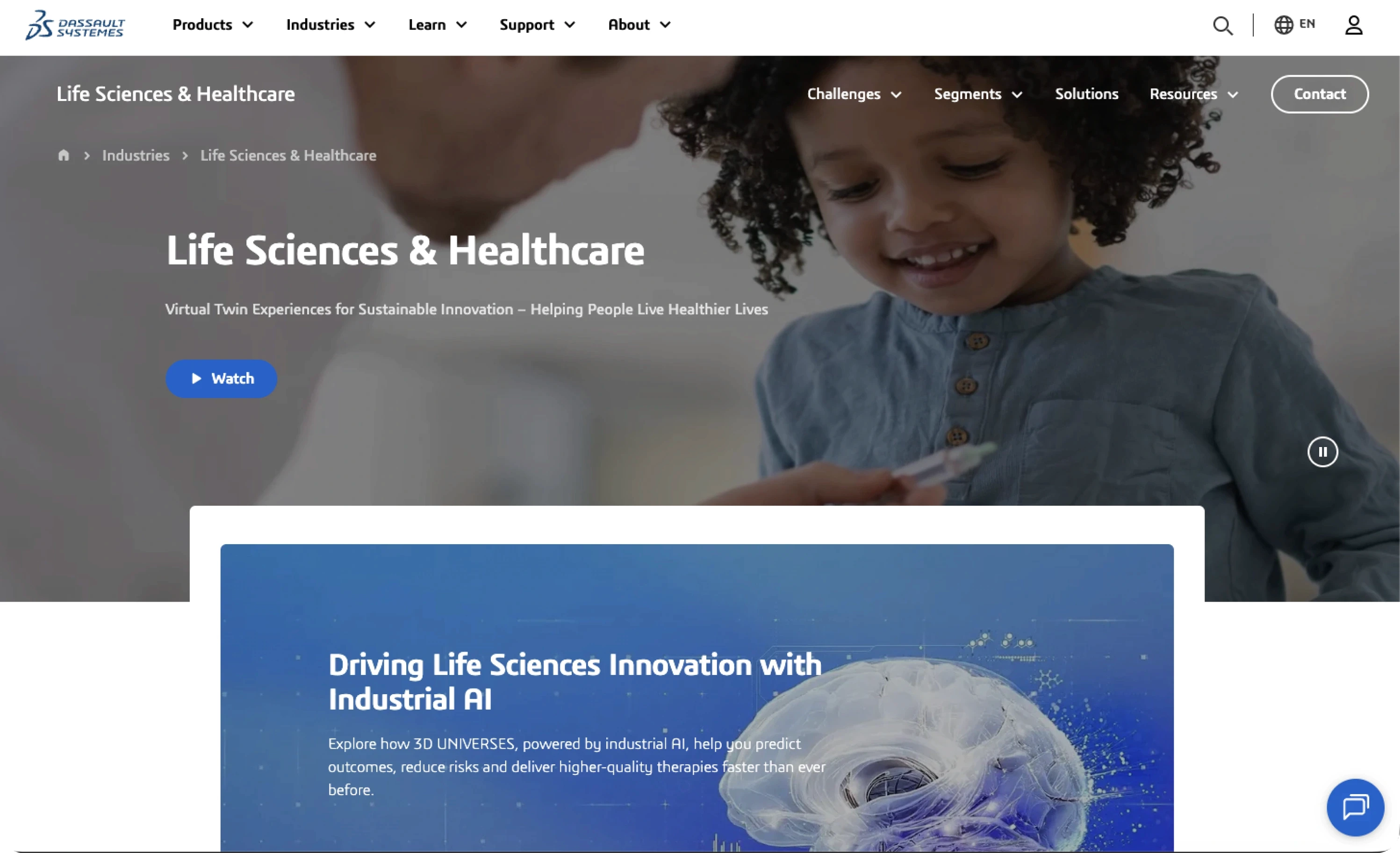 Dassault Systèmes Life Sciences and Healthcare page showing a child with a caregiver and a 3D brain visualization, with the headline Driving Life Sciences Innovation with Industrial AI