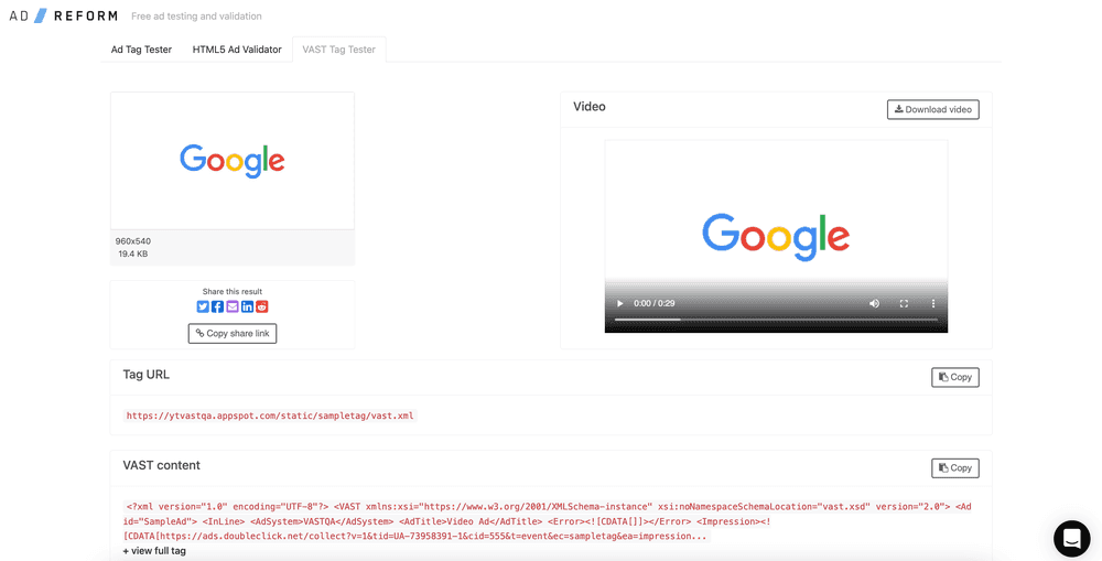 VAST tag on previewads.com