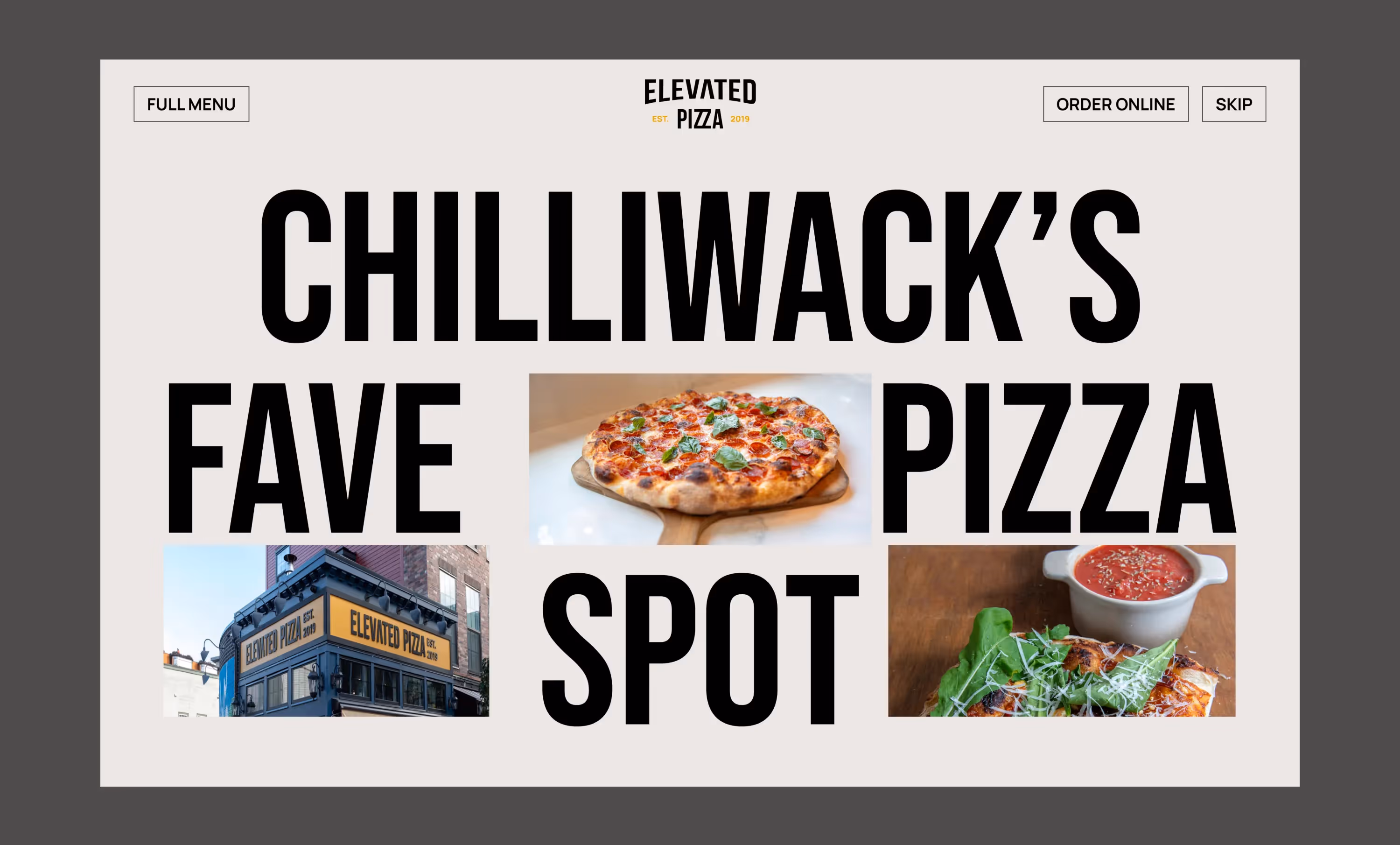 Elevated Pizza website section highlighting cHILLIWACK's fAVE sPOT