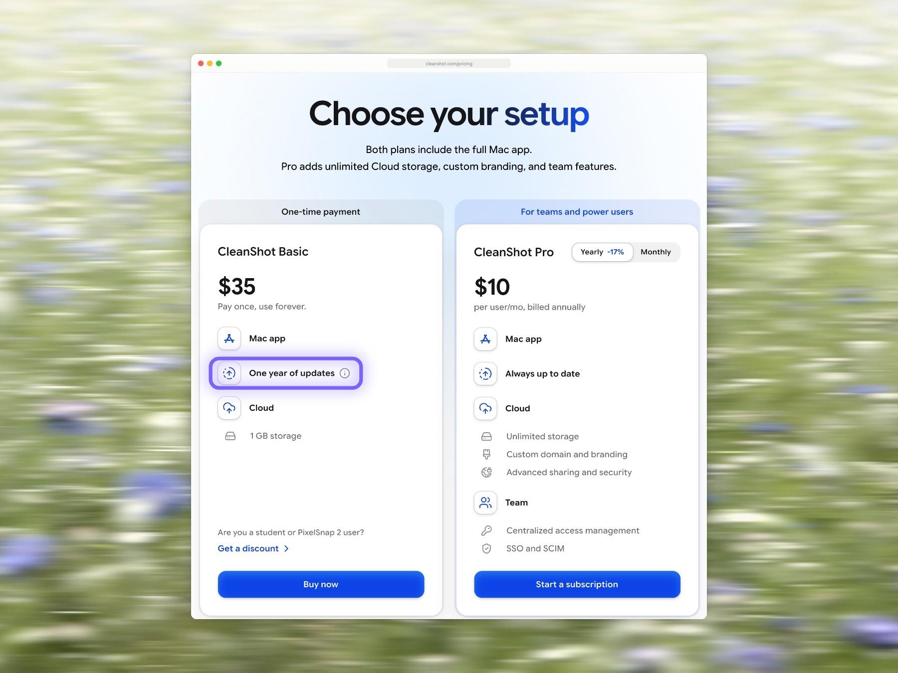 CleanShot pricing page with CleanShot Basic at $35 paid once and CleanShot Pro at $10 per user a month billed annually, with the Basic plan's One year of updates line outlined