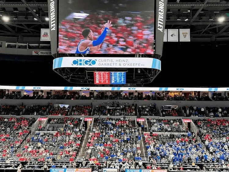 photo of CHGO Law advertisement sponsoring the 2023 missouri valley basketball conference