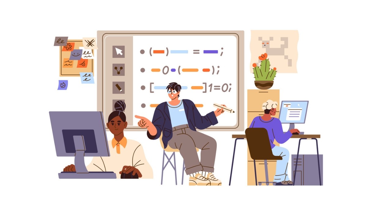 Illustration of a collaborative coding classroom with students learning from a whiteboard filled with programming syntax, representing the cost, experience, and value of attending a Coder Academy bootcamp.