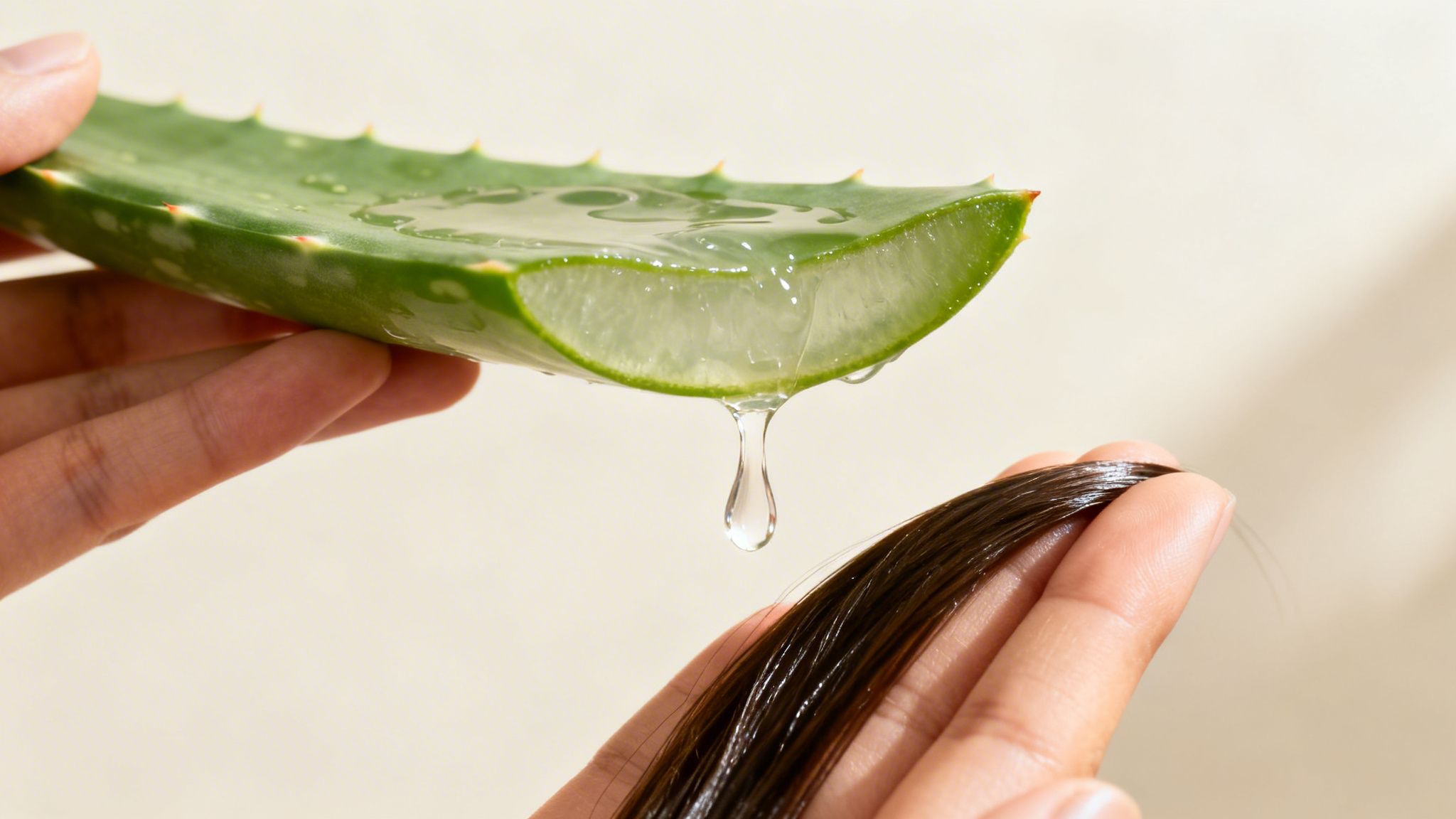 Hands applying fresh aloe vera gel from a cut leaf onto a strand of dark hair.