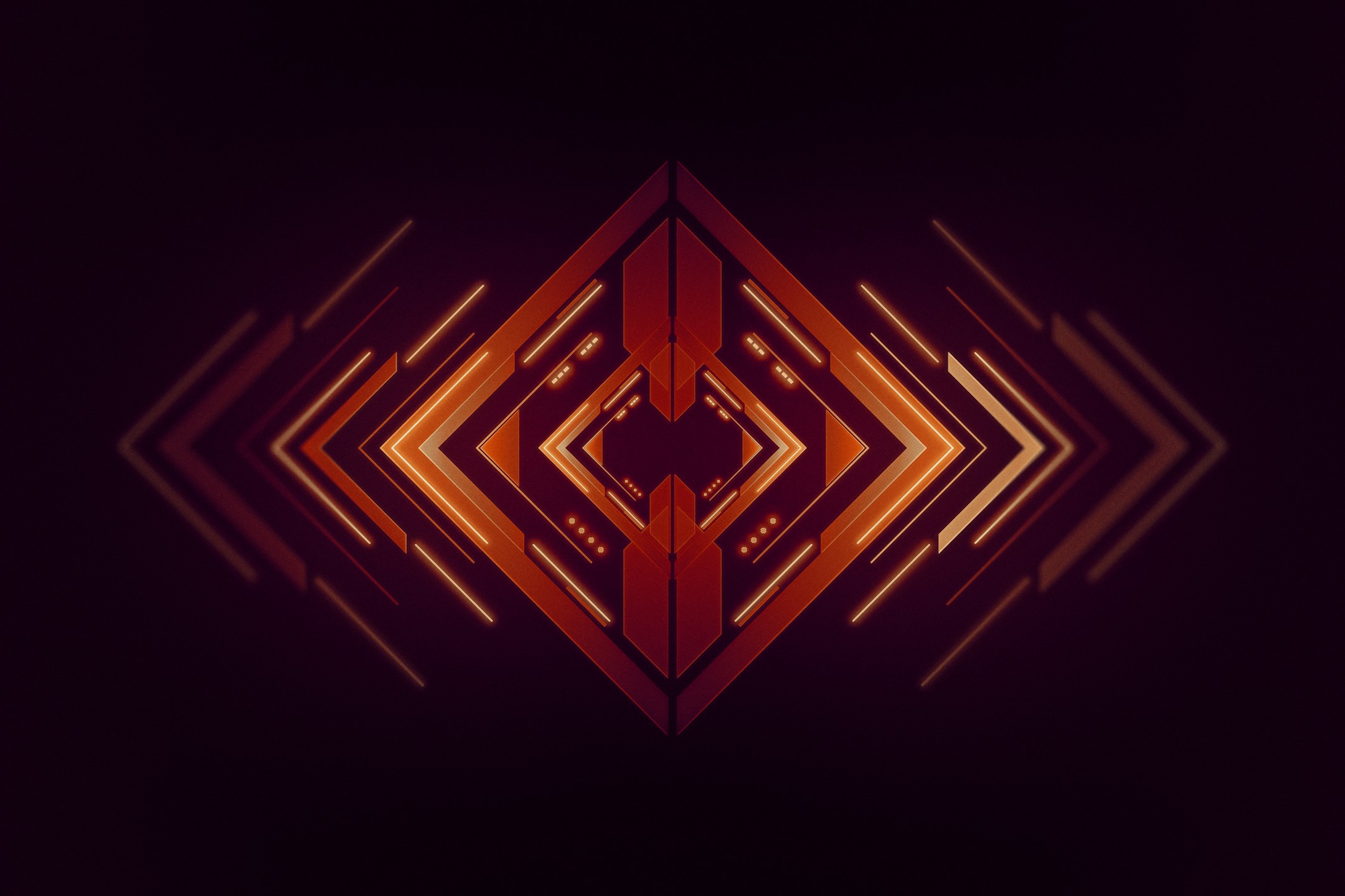 Motif géométrique parfaitement symétrique rouge et orange sur fond sombre — la convergence visuelle produite par l’IA