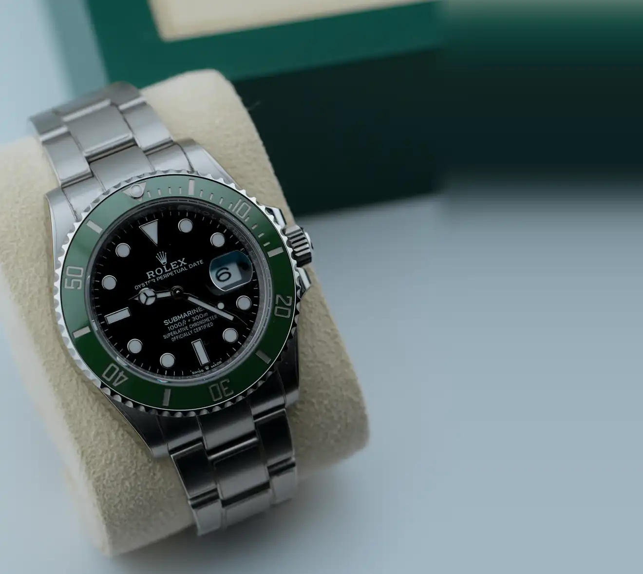 Rolex Submariner Date 126610LV “Starbucks” in its box, valued at today’s Dubai market price
