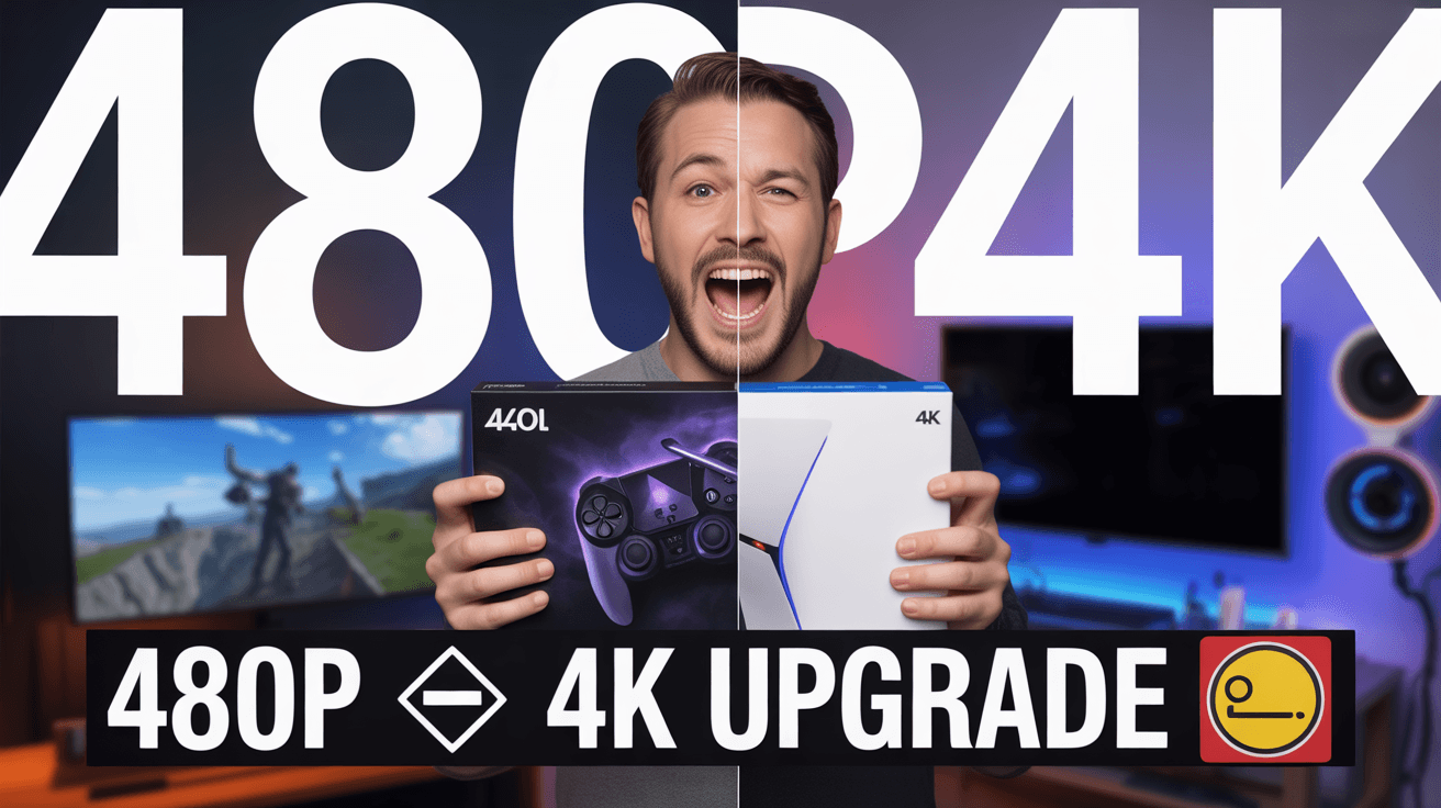 Split 480p and 4K setup comparison with gamer holding capture card and upgrade headline