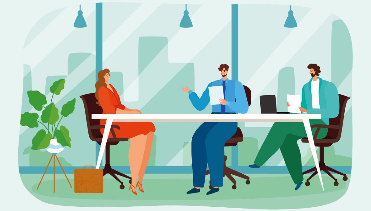 Illustration of a professional interview setting with three individuals at a table—representing key management interview questions and strategies for responding effectively to hiring teams.