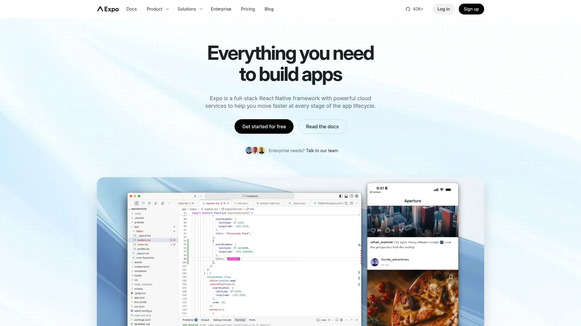 Expo development platform homepage showing tools for building React Native apps with universal deployment