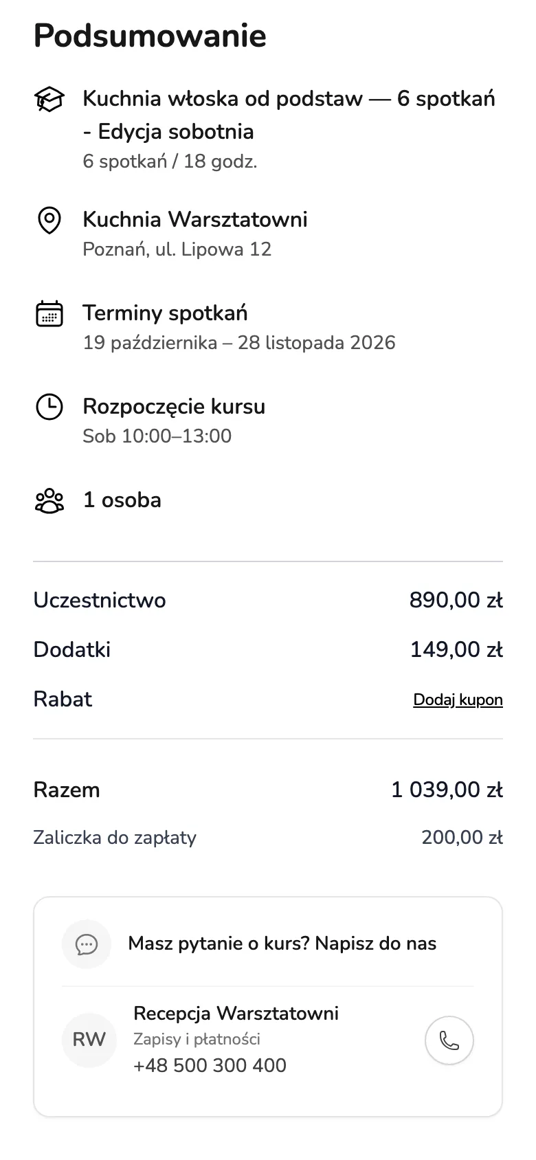 Podsumowanie zapisu: dodatki, kod rabatowy i zaliczka do zapłaty