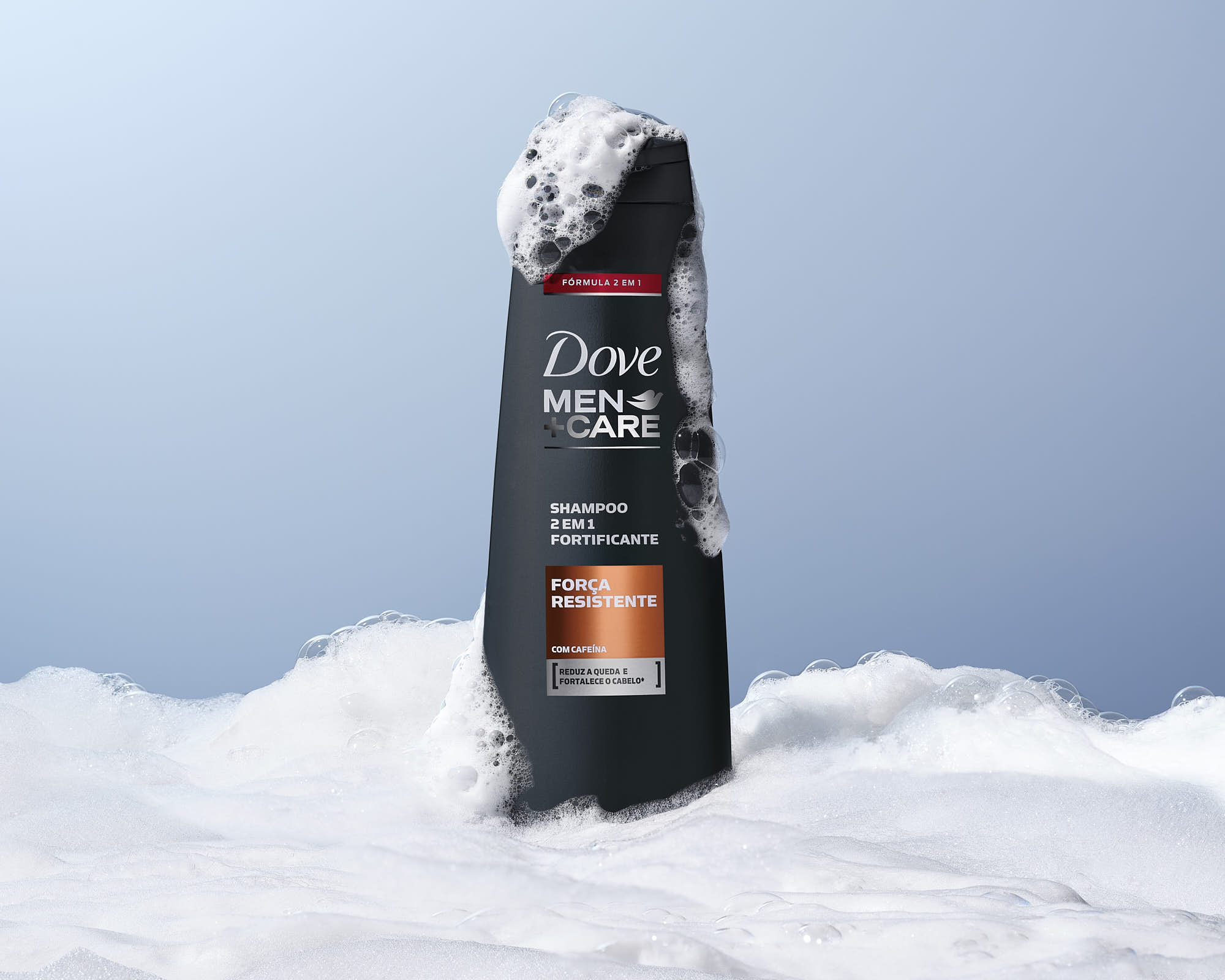 Dove Men+Care shampoo bottle with lather, fortifying formula.