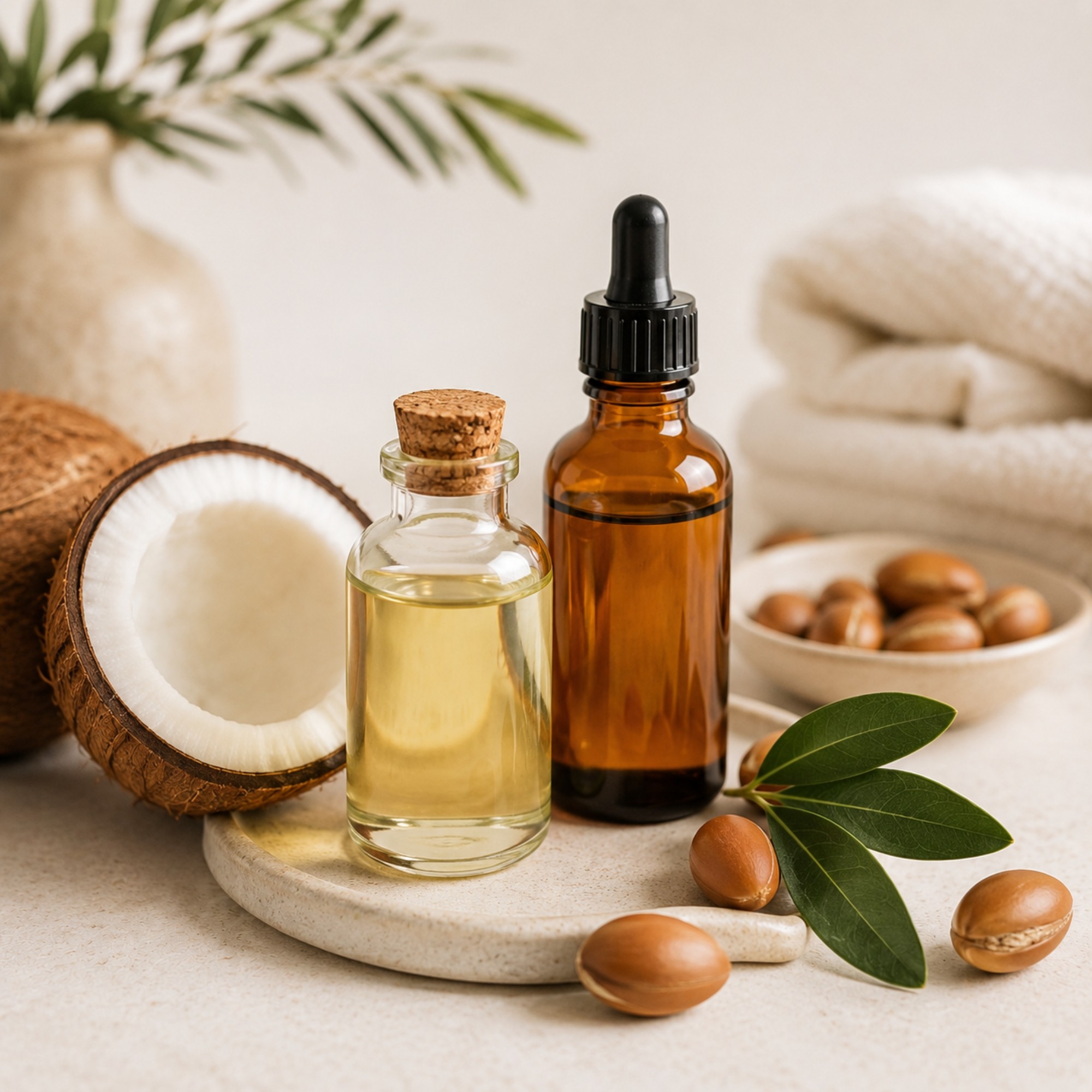 Flesjes arganolie en kokosolie met natuurlijke ingrediënten als illustratie van veelgebruikte haaroliën voor haarverzorging.