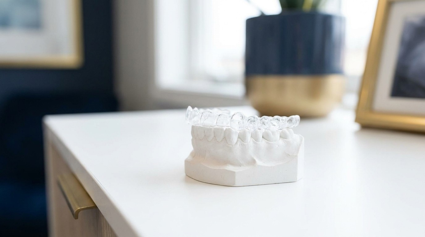 A clear aligner tray resting on a white plaster model of teeth on a tabletop beside a sunny window.
