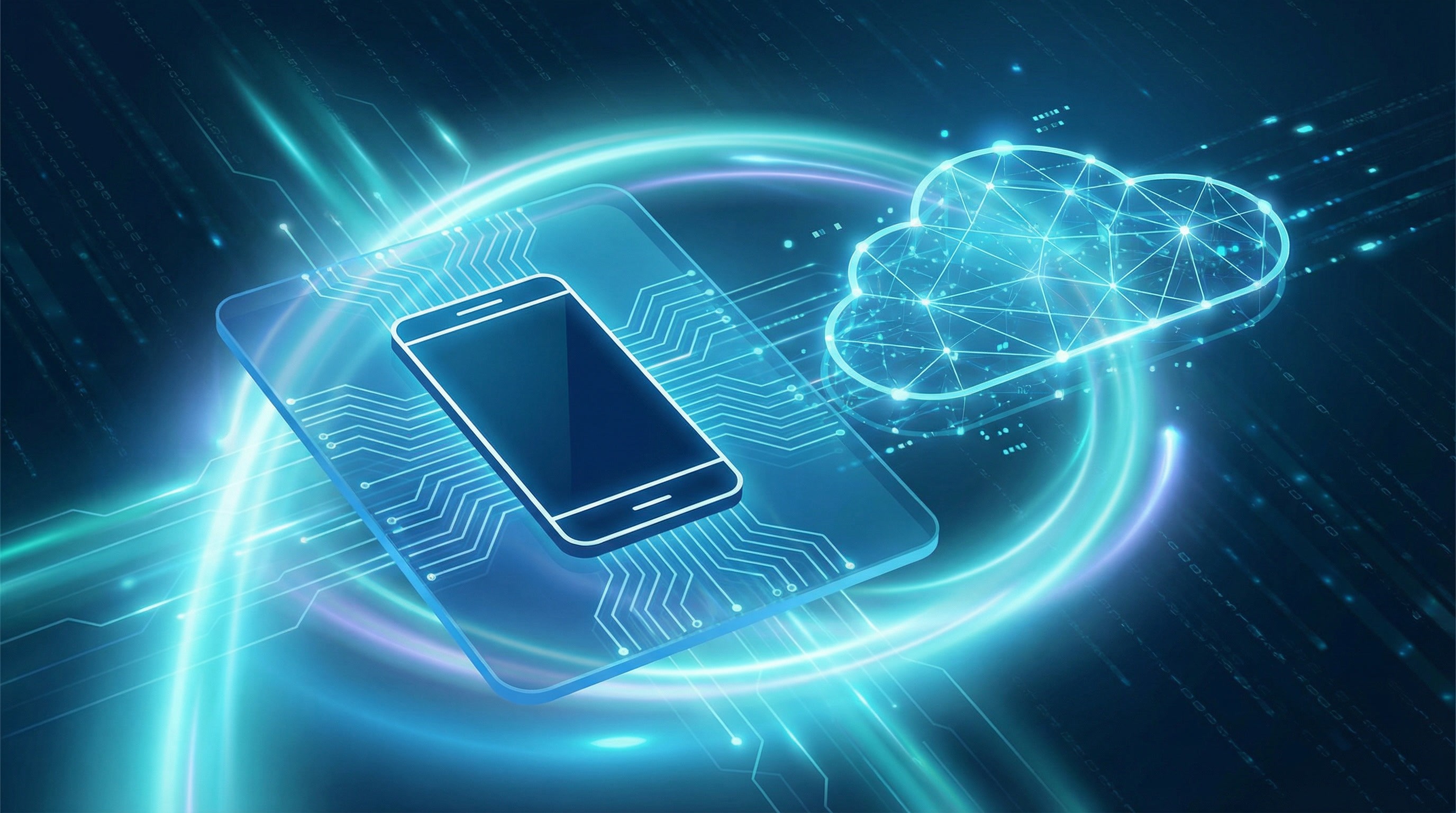 Futuristic 2D illustration of a smartphone connected to a glowing cloud.
