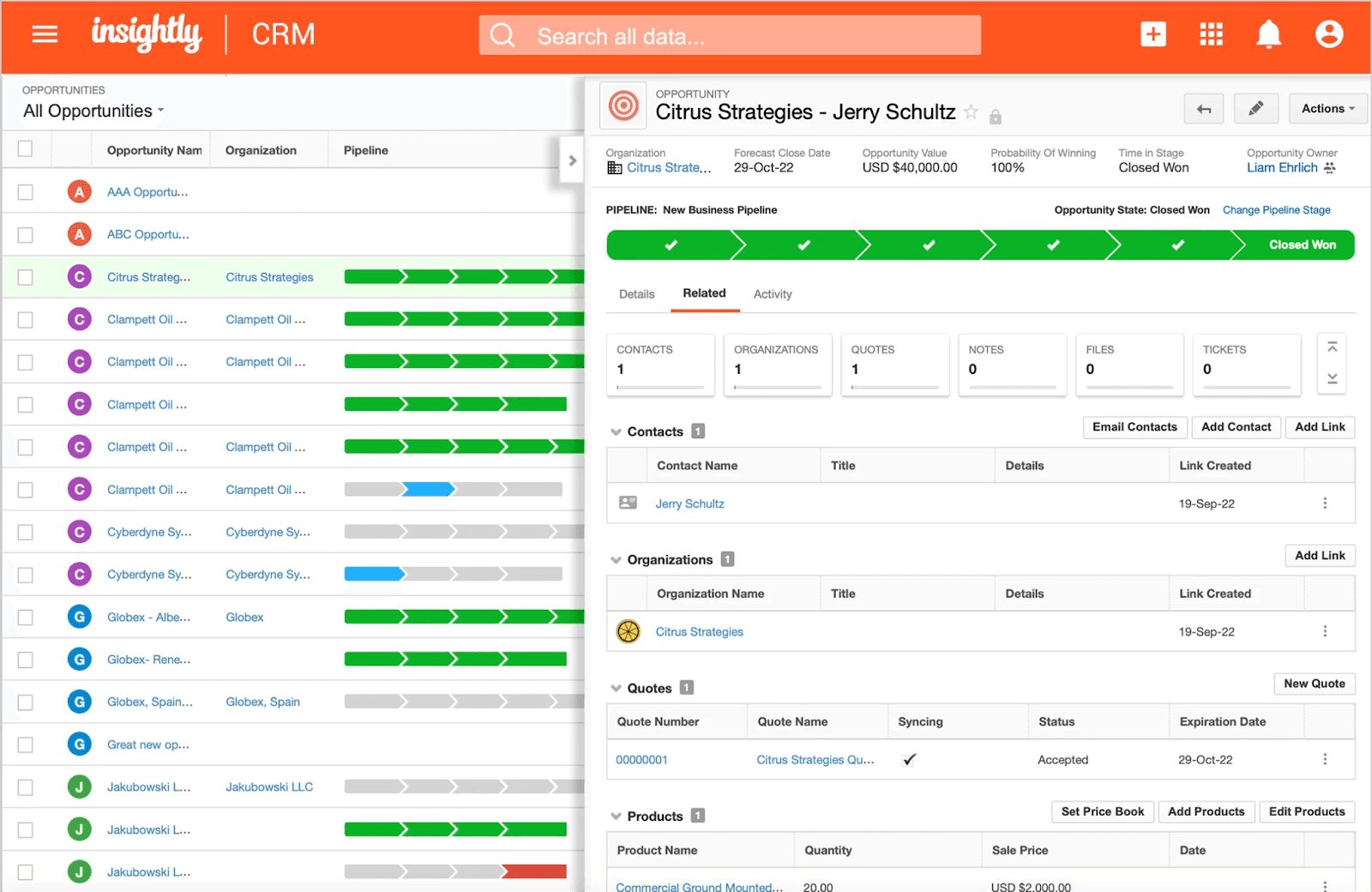 Insightly’s interface for opportunities, with a side panel showing pipeline progress and contact details