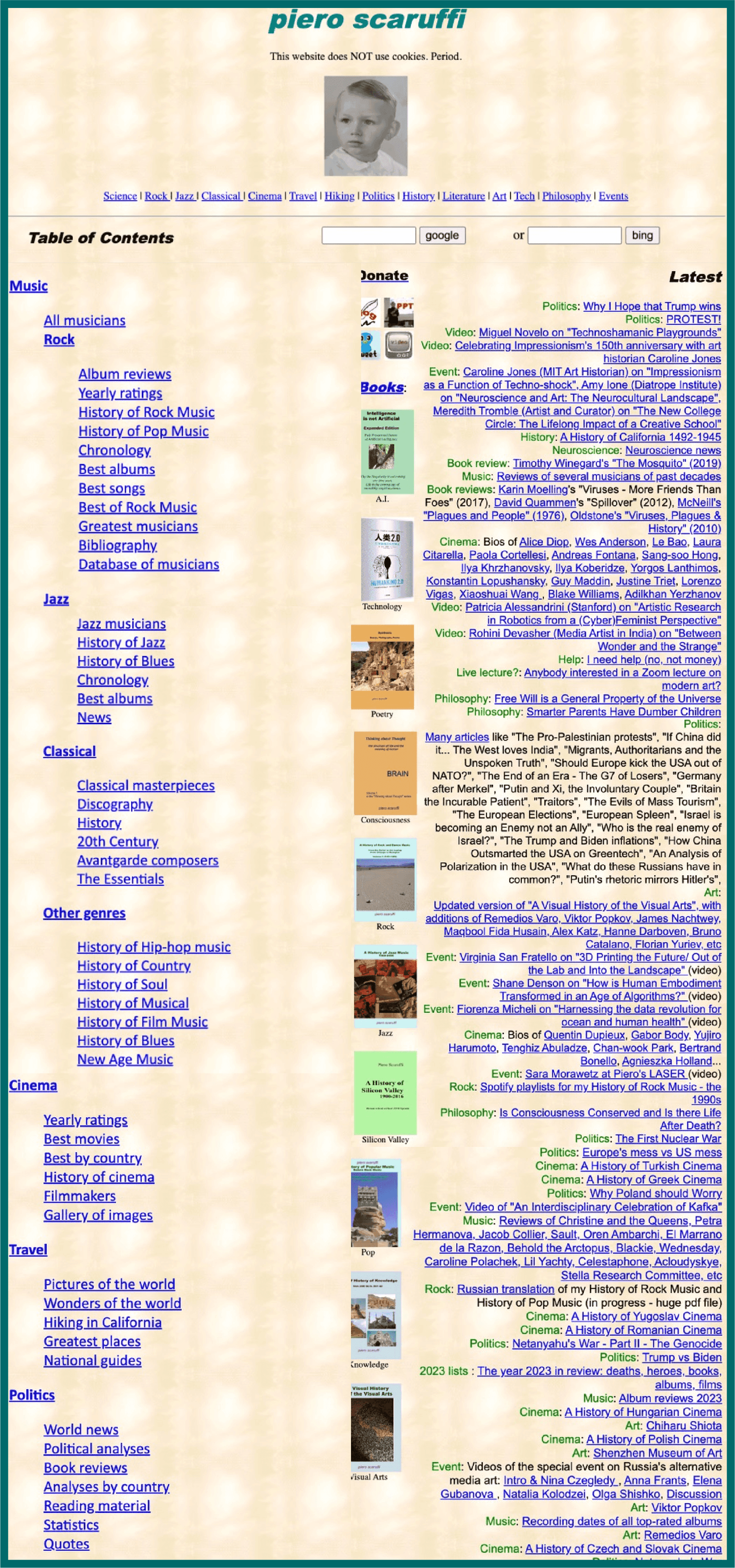screenshot of the homepage of Scaruffi.com. the odd mixture of whimsy and chaos commonly found in 90s websites is well represented. This particular page is largely a collection of blue underlined links over a patterned beige-ish background