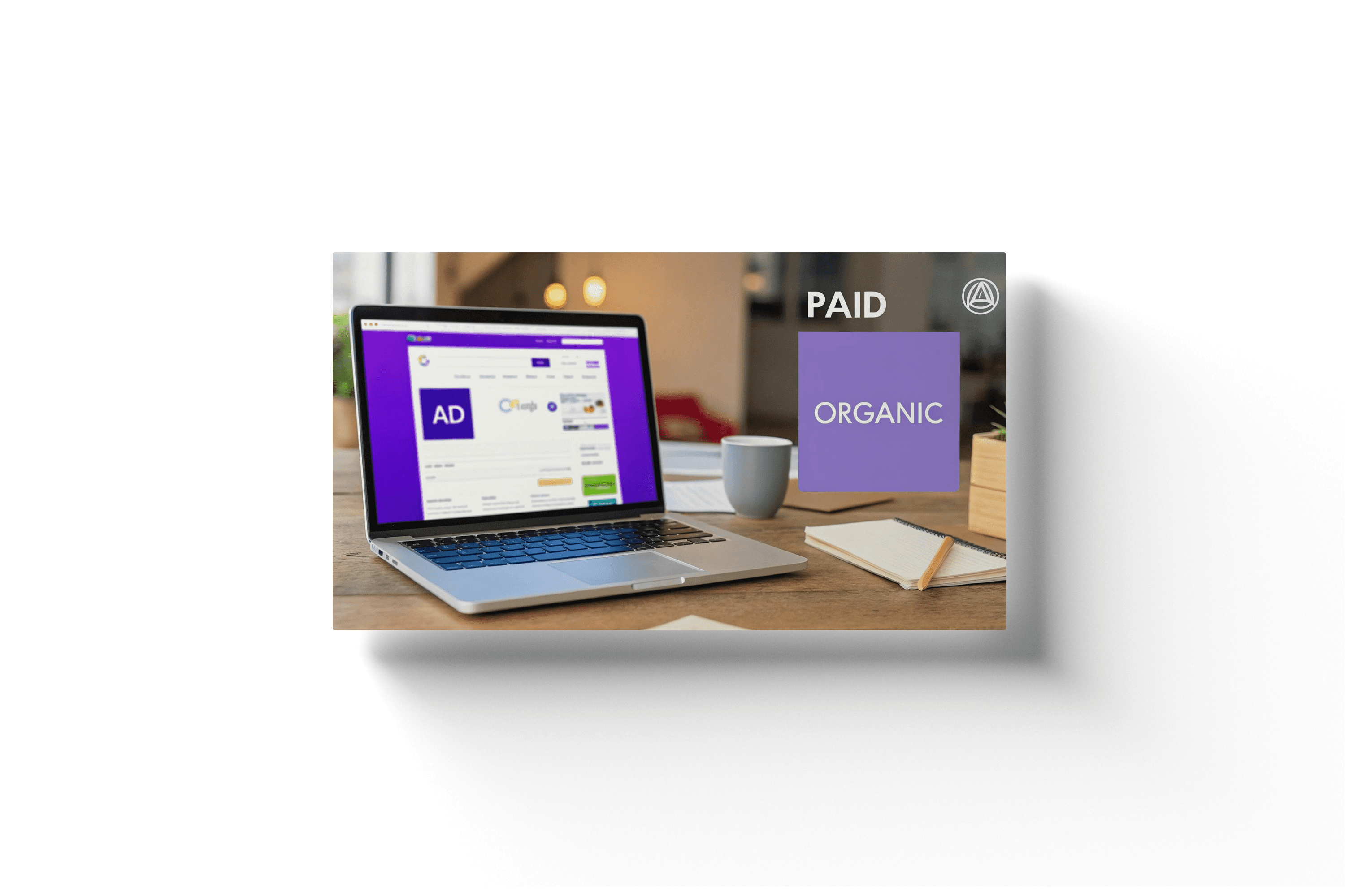 a laptop with a purple background in an office setting with floating text 'paid or organic' in the background