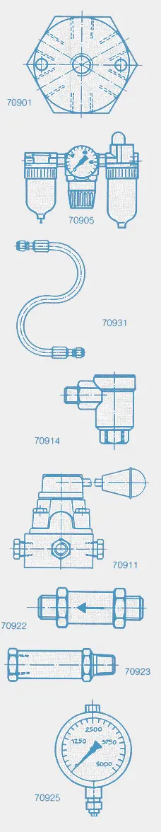 Blueprint-style technical illustrations of mechanical components, rendered in precise line work.