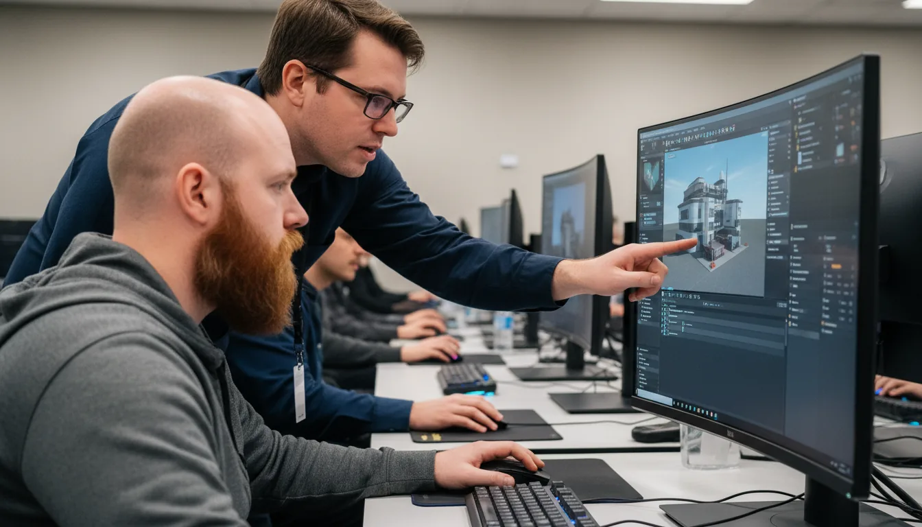 DSLR photography, medium shot of a hands-on Unreal Engine workshop. An instructor with glasses leans over a student, pointing at a large monitor displaying the Unreal Engine editor UI. The student, a bald man with a beard, is actively using the keyboard and mouse, focused on the screen. The scene is a busy classroom with other attendees in a softly blurred background. Even, bright conference room lighting, shallow depth of field, sharp focus on the main subjects.