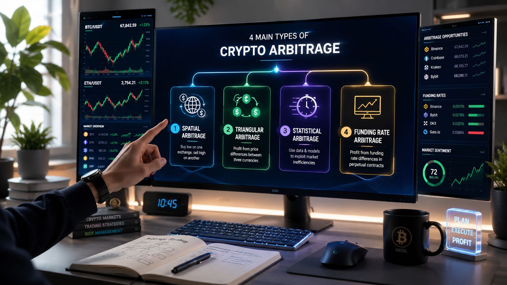 A person pointing to a screen displaying the four main types of cryptocurrency arbitrage strategies.