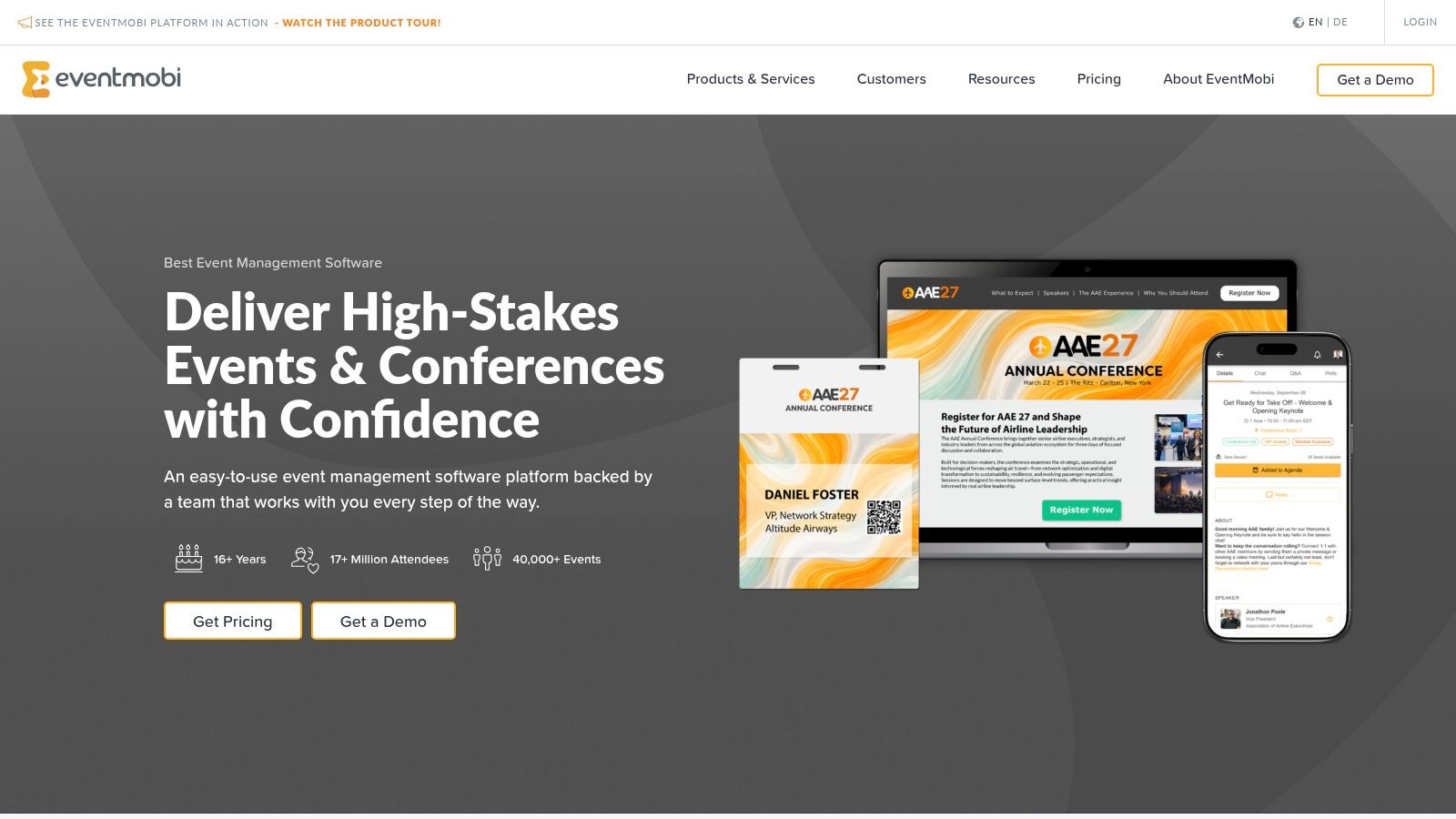 EventMobi dashboard showing analytics and attendee engagement metrics