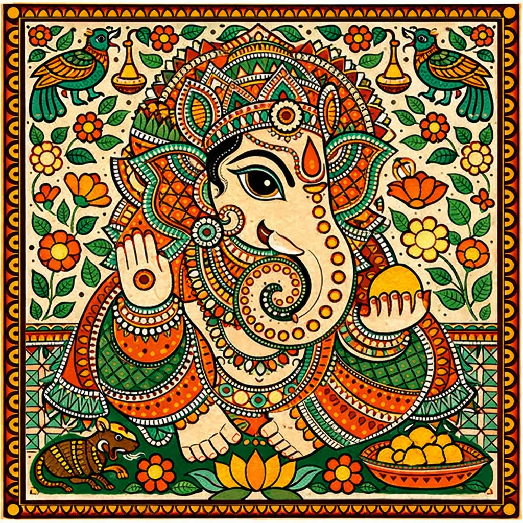 Ganesha in Madhubani artwork, laddu and peacock