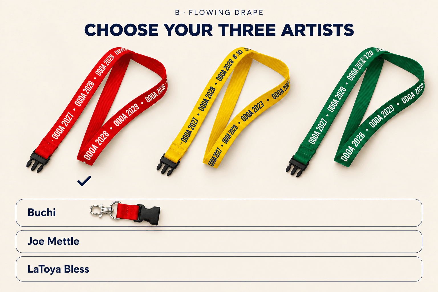 Realistic red, yellow and green ODOA lanyards with flowing ribbons and short exposed three-prong buckles