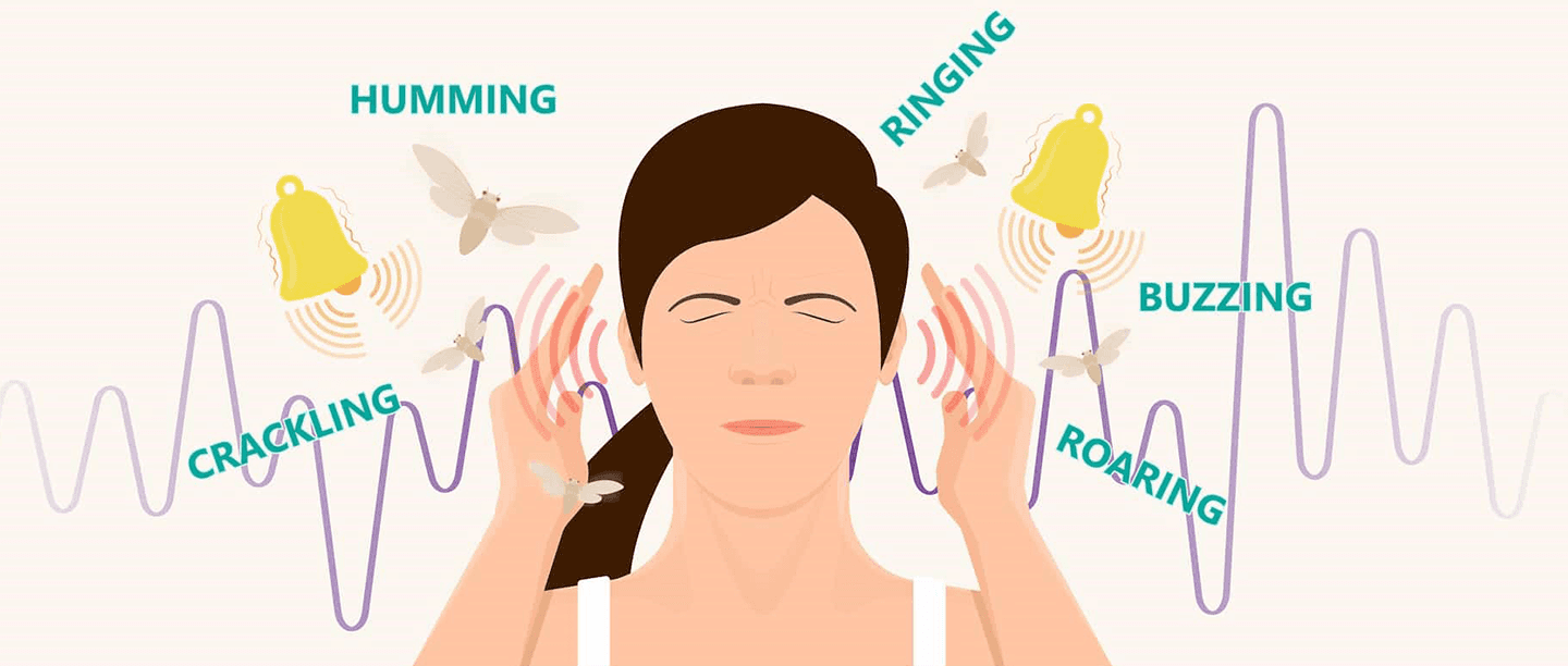 Illustration of a woman covering her ears, surrounded by words like humming & ringing capturing the varied sounds of tinnitus.