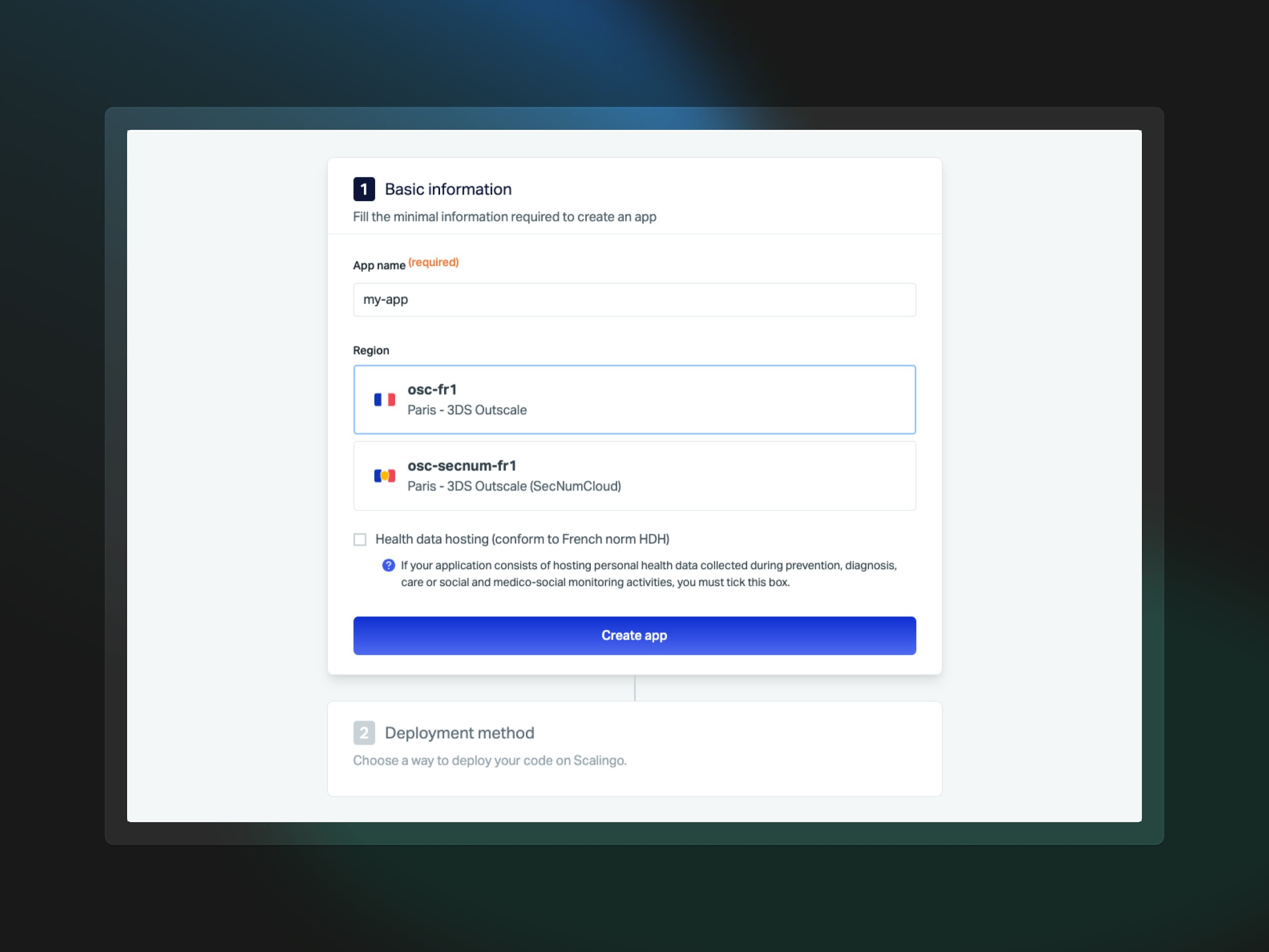 La création d'application sur Scalingo : nom et région
