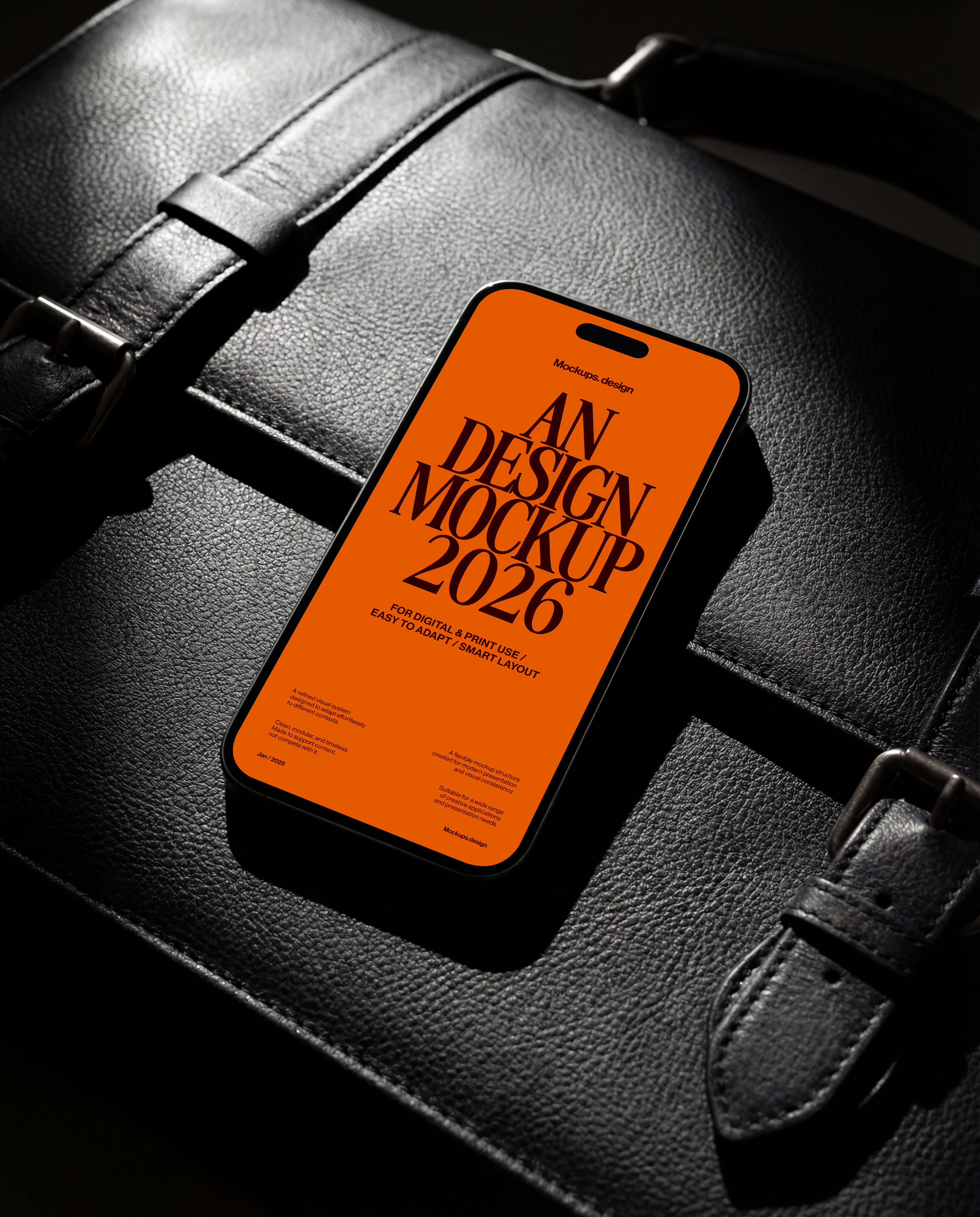 iPhone 16 mockup on black leather surface, realistic display