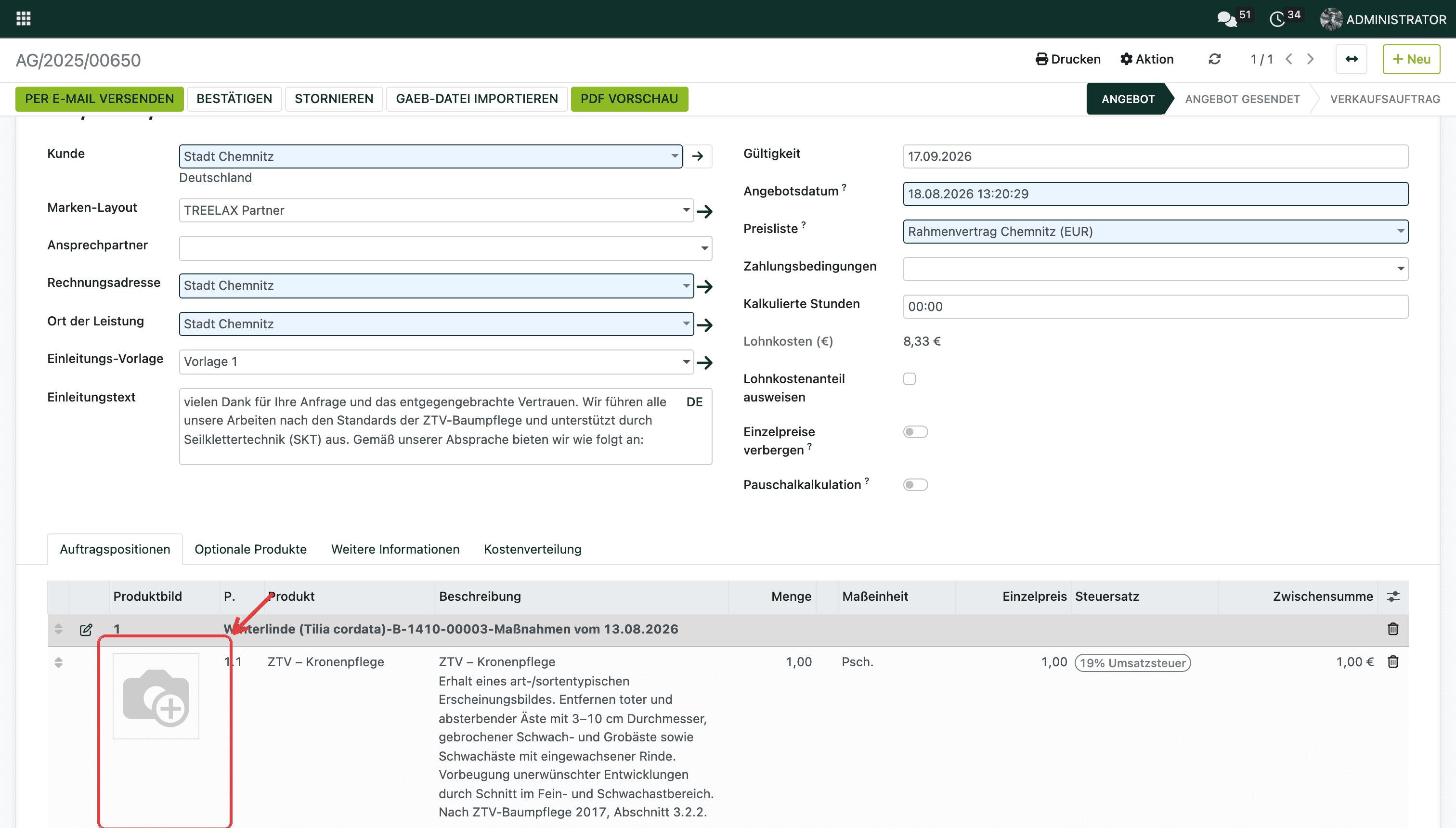 Reiter „Auftragspositionen“: Die Spalte „Produktbild“ steht ganz links. Ein Klick auf die Kachel öffnet den Upload.