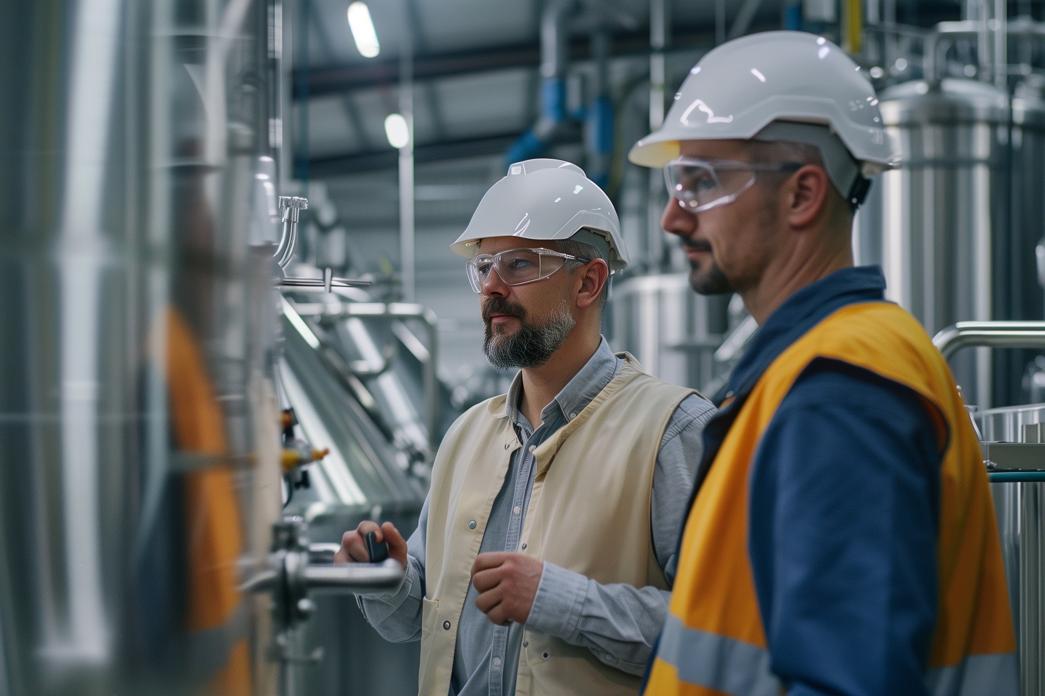 Two men wearing hard hats and safety vests are collaborating on a task inside a factory environment.