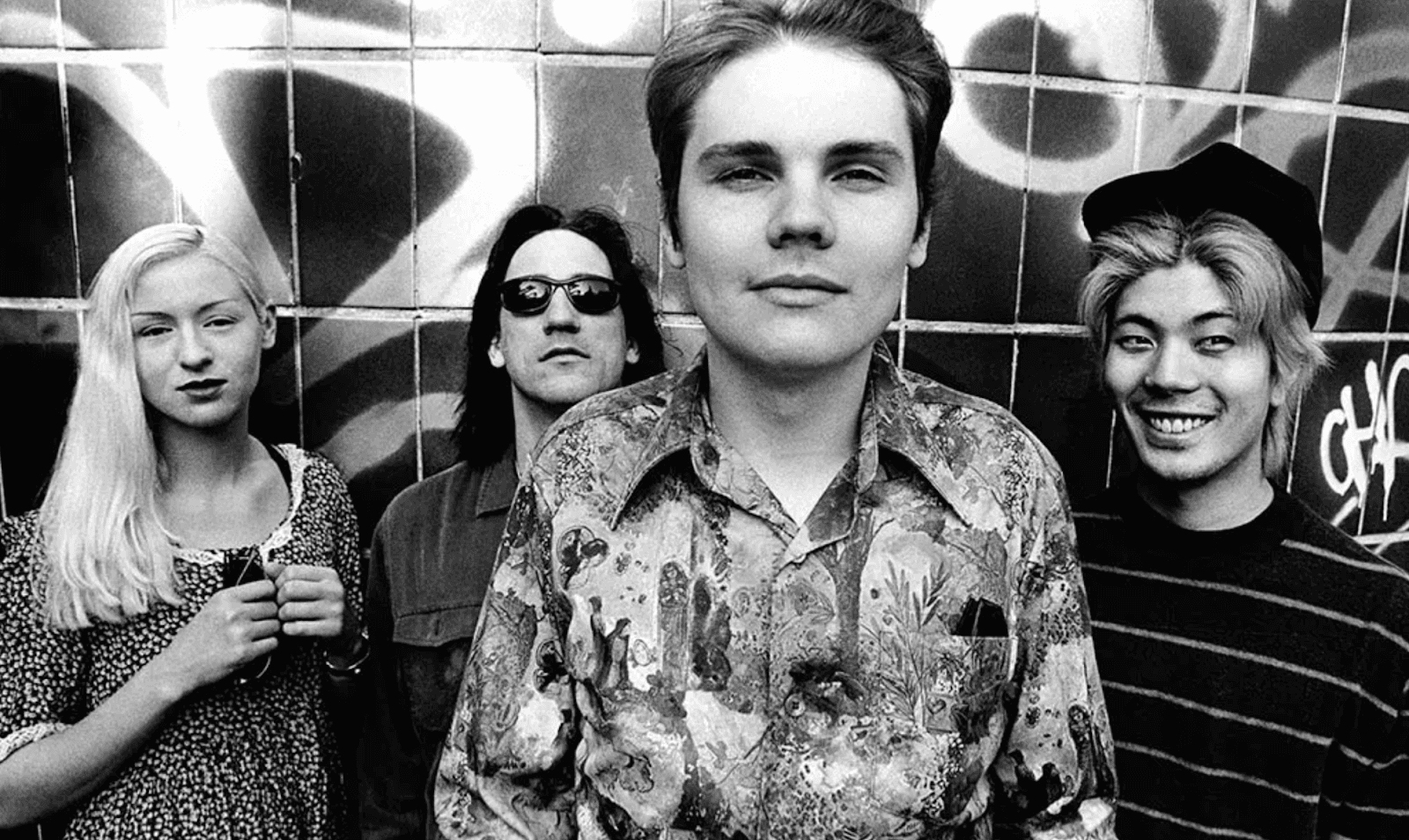 A black and white photo of Smashing Pumpkins