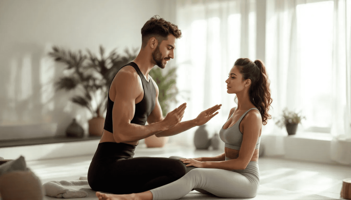 A personalized workout plan being discussed between an instructor and a client in a pilates studio.