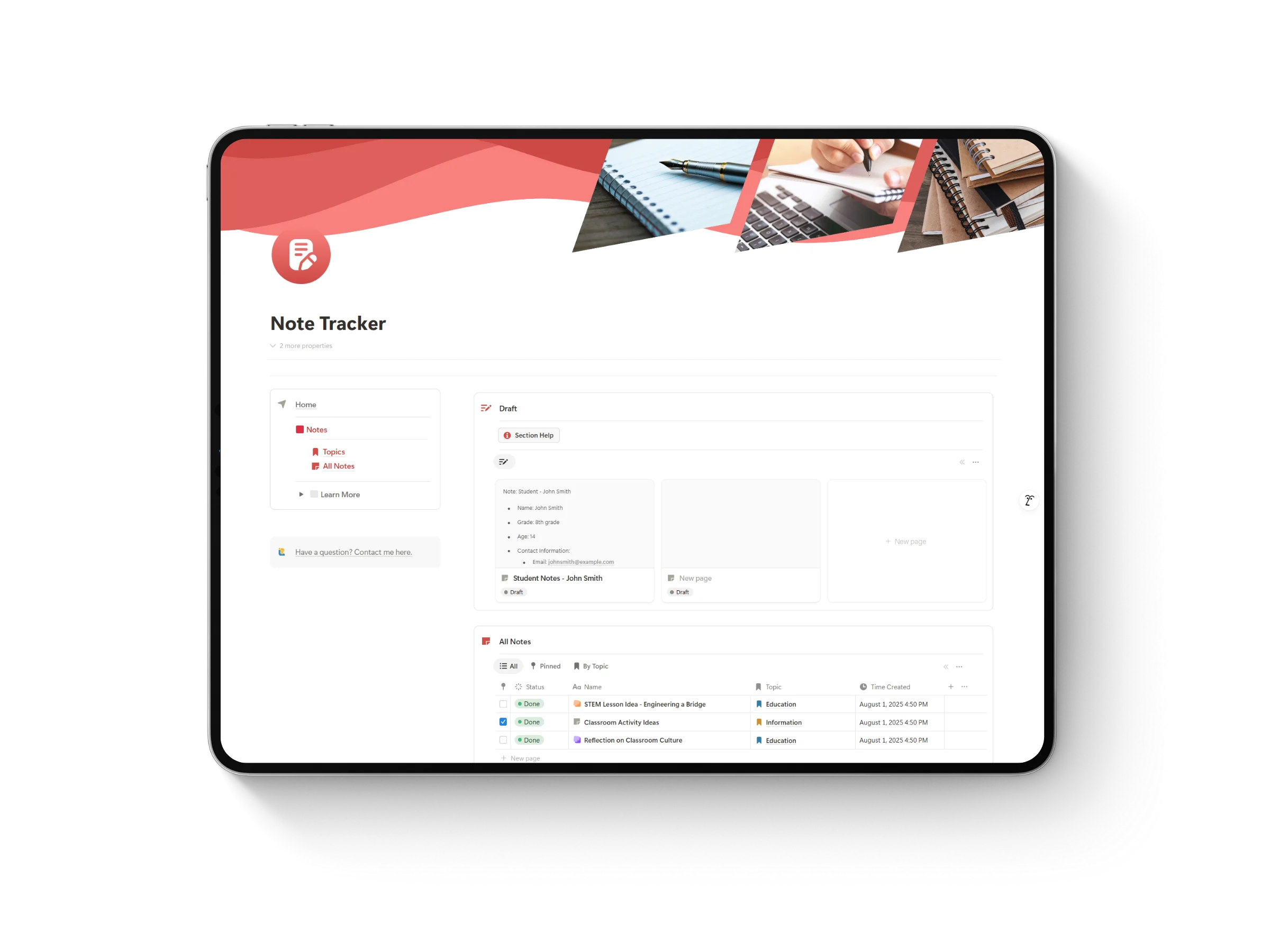 Thumbnail of Notion template for teachers and education featuring an iPad mockup displaying ‘Note Tracker’ title with vibrant red accent colors.
