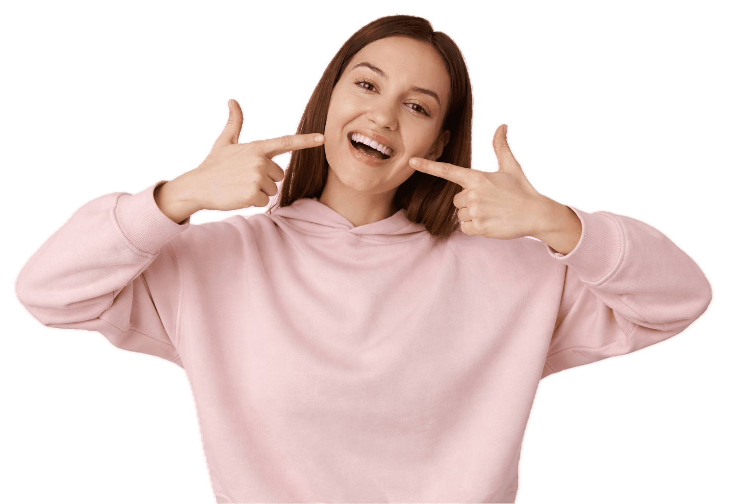 Young woman with perfect teeth smiling broadly after dental treatment or veneers.