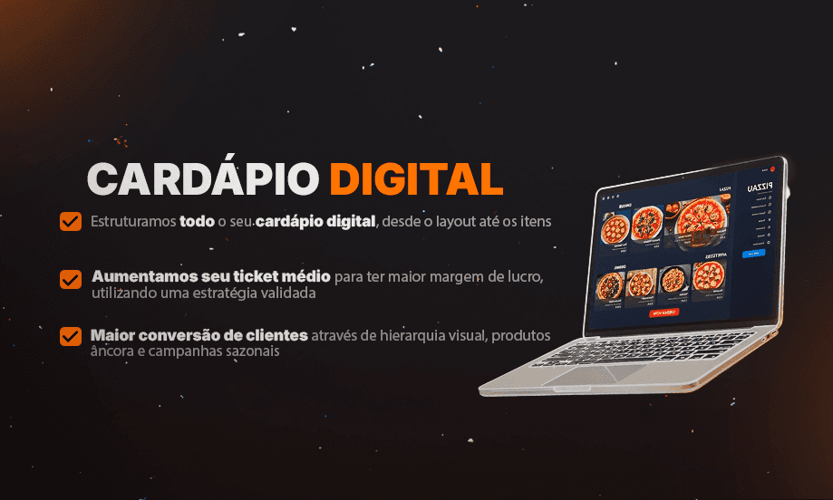 Cardápio digital exibido em notebook e dispositivos móveis, representando vendas online, experiência do cliente e tecnologia para restaurantes.