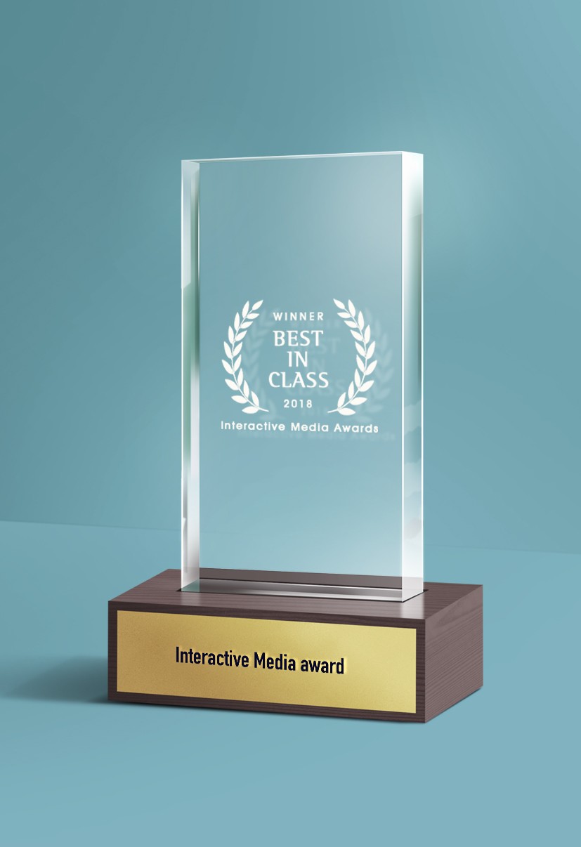 Interactive Media Awards – Best in Class 2018 winner trophy on blue background.