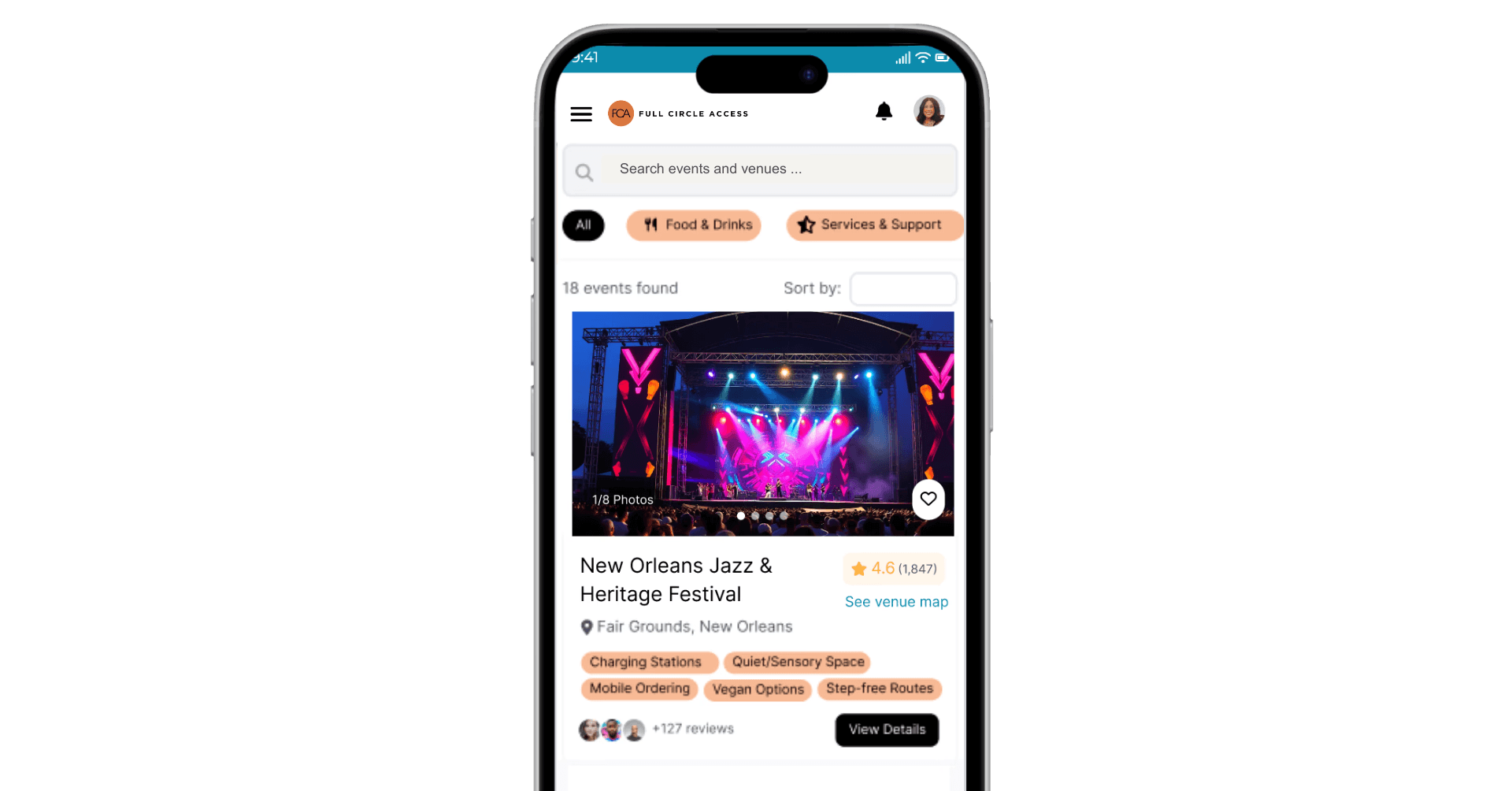  FCA app event listing for New Orleans Jazz & Heritage Festival with preference tags