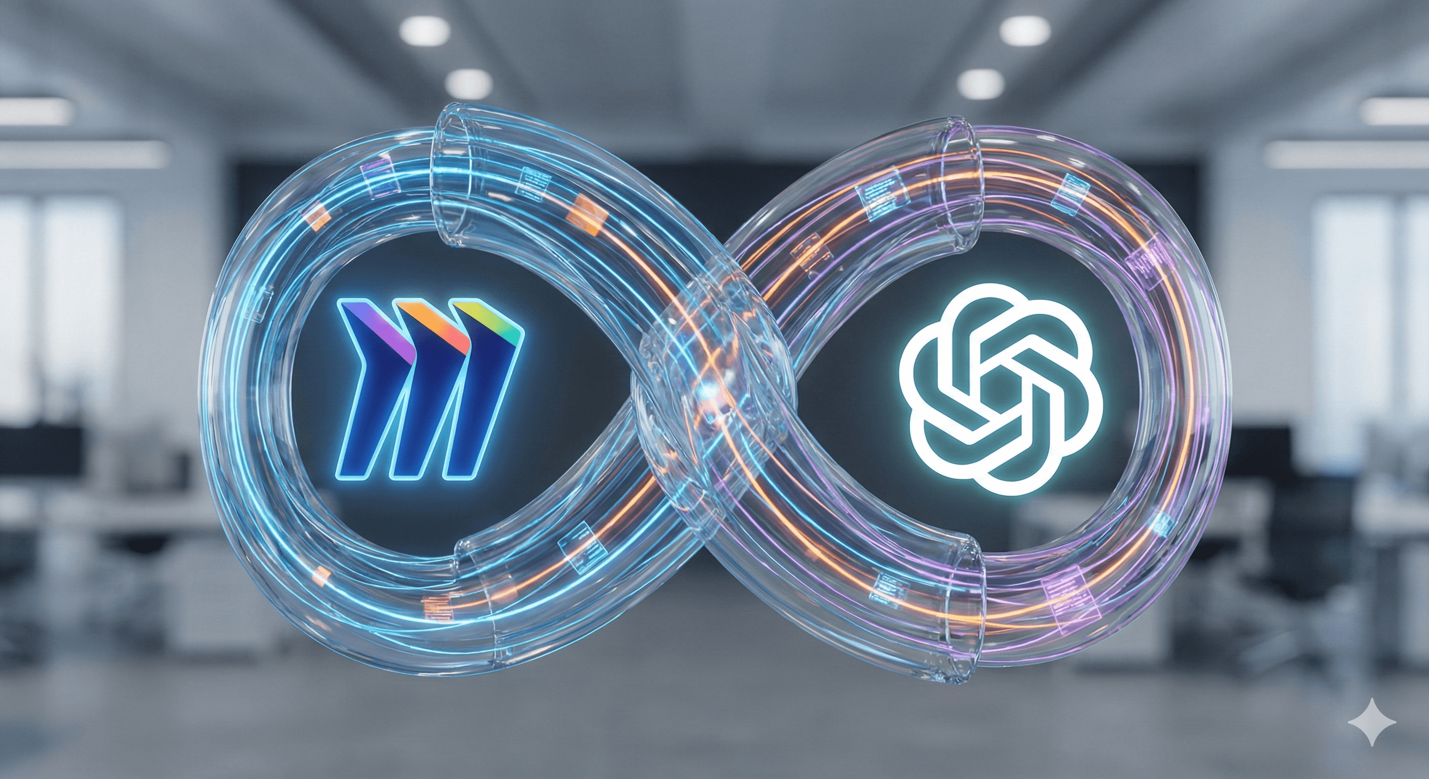 The image features a digital representation of the infinity symbol, showcasing the logos of Miro and ChatGPT, within a modern office setting, emphasizing ongoing collaboration and integration between the platforms.
