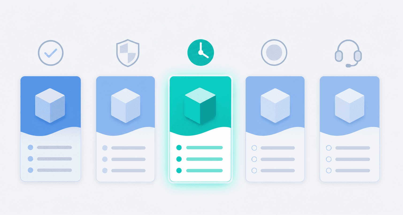 A clean flat-design illustration showing a side-by-side comparison grid of five abstract product blocks arranged in a row, each represented by a distinct colored card with symbolic icons — a checkmark, a shield, a clock, a coin, and a headset — floating above each card to represent resolution, compliance, speed, pricing, and voice support. One card in the center glows brighter than the others, with all its icons fully filled and vibrant, while the surrounding cards have partially faded or hollow icons. Modern minimal style, blue and teal color palette with light gray background, no text, no labels, no numbers, no letters anywhere in the image.