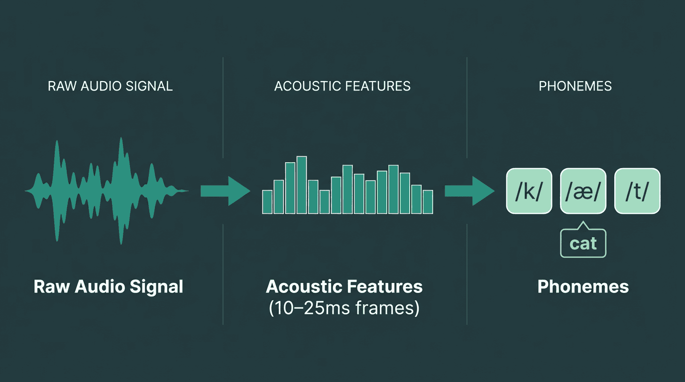 Automatic speech recognition process converting raw audio into acoustic features and phonemes for speech-to-text